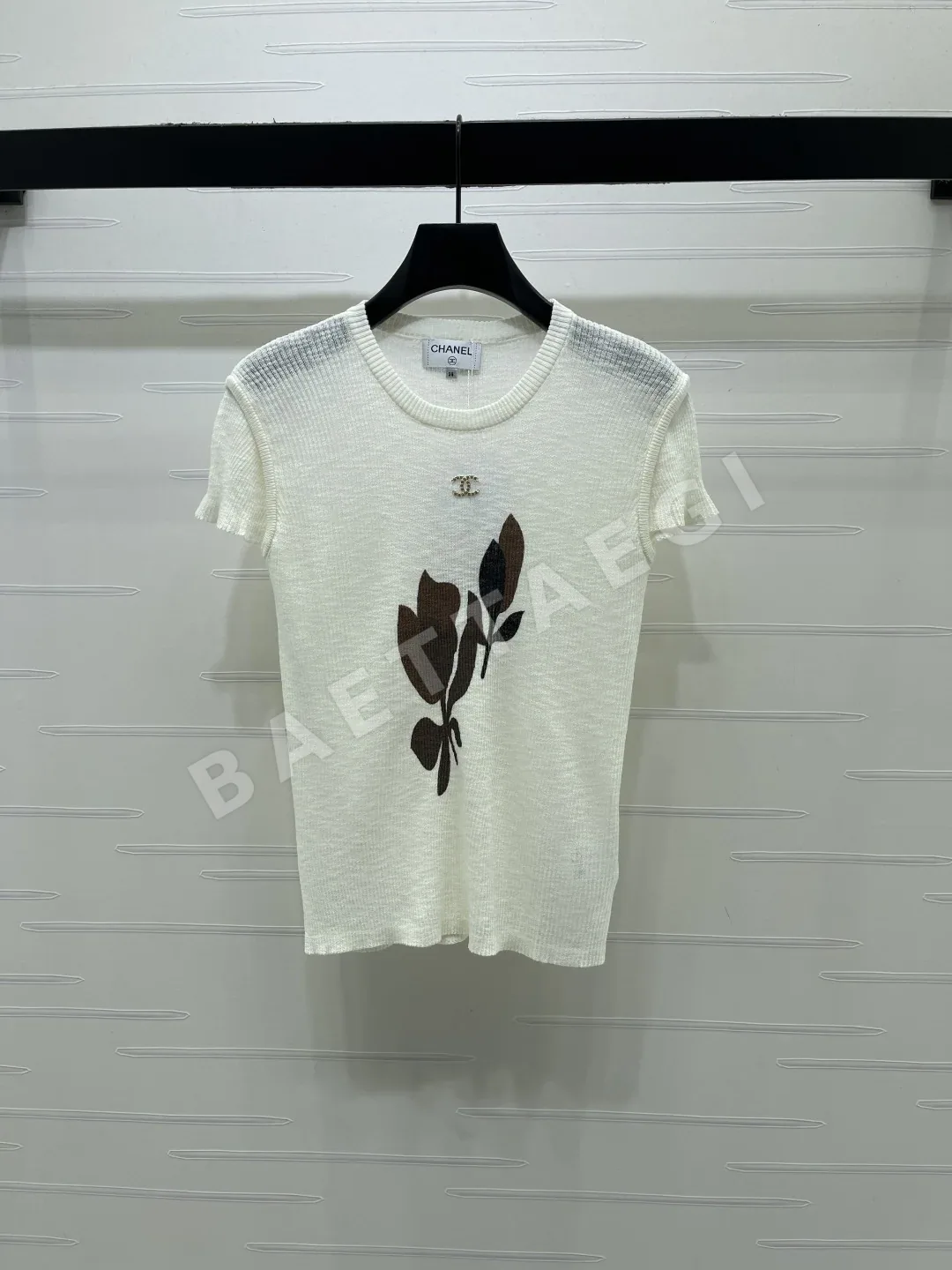 샤넬 리프 패턴 실크 울 혼방 여성 반팔 니트 탑 103683