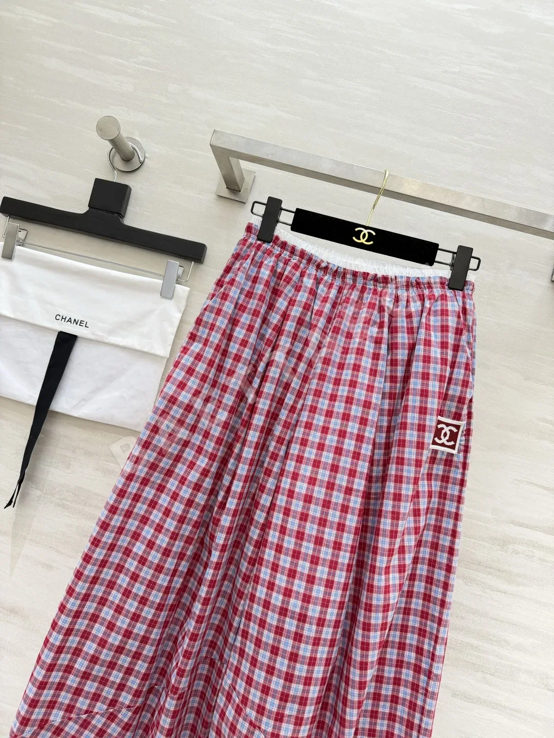 샤넬 레트로 체크 패턴 와이드 팬츠 여성 바지 상세 이미지 3