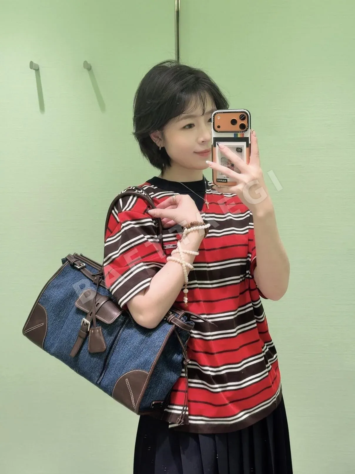 프라다 오버핏 크루넥 데님 코튼 반팔 티셔츠