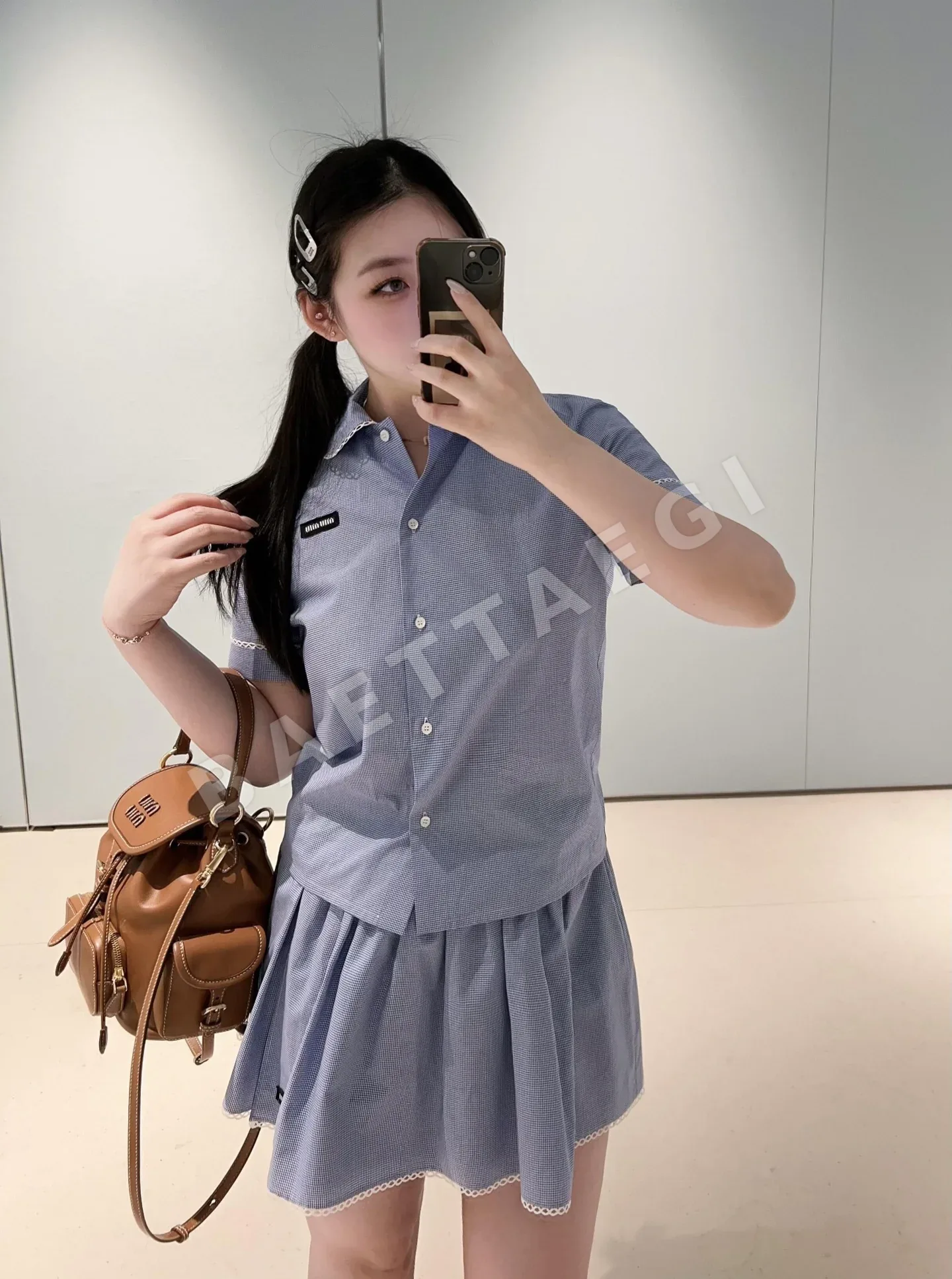 미우미우 블루 체크 피터팬 카라 반팔 셔츠 스커트 세트 상세 이미지 7