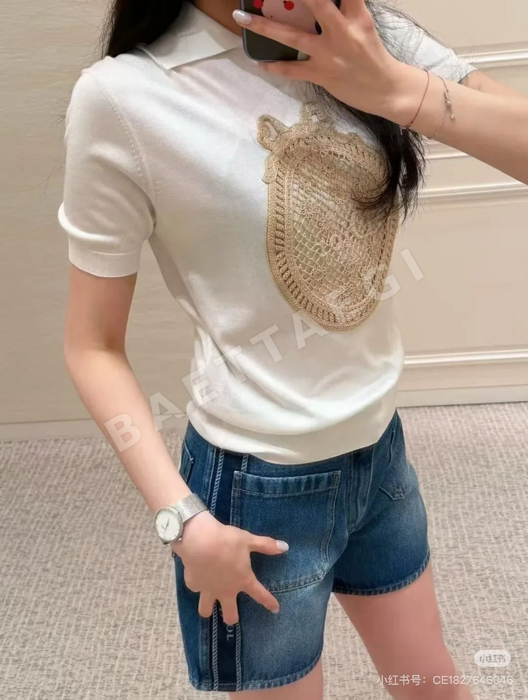 디올 가든 월드 3D 자수 여성 니트 반팔 탑 상세 이미지 7