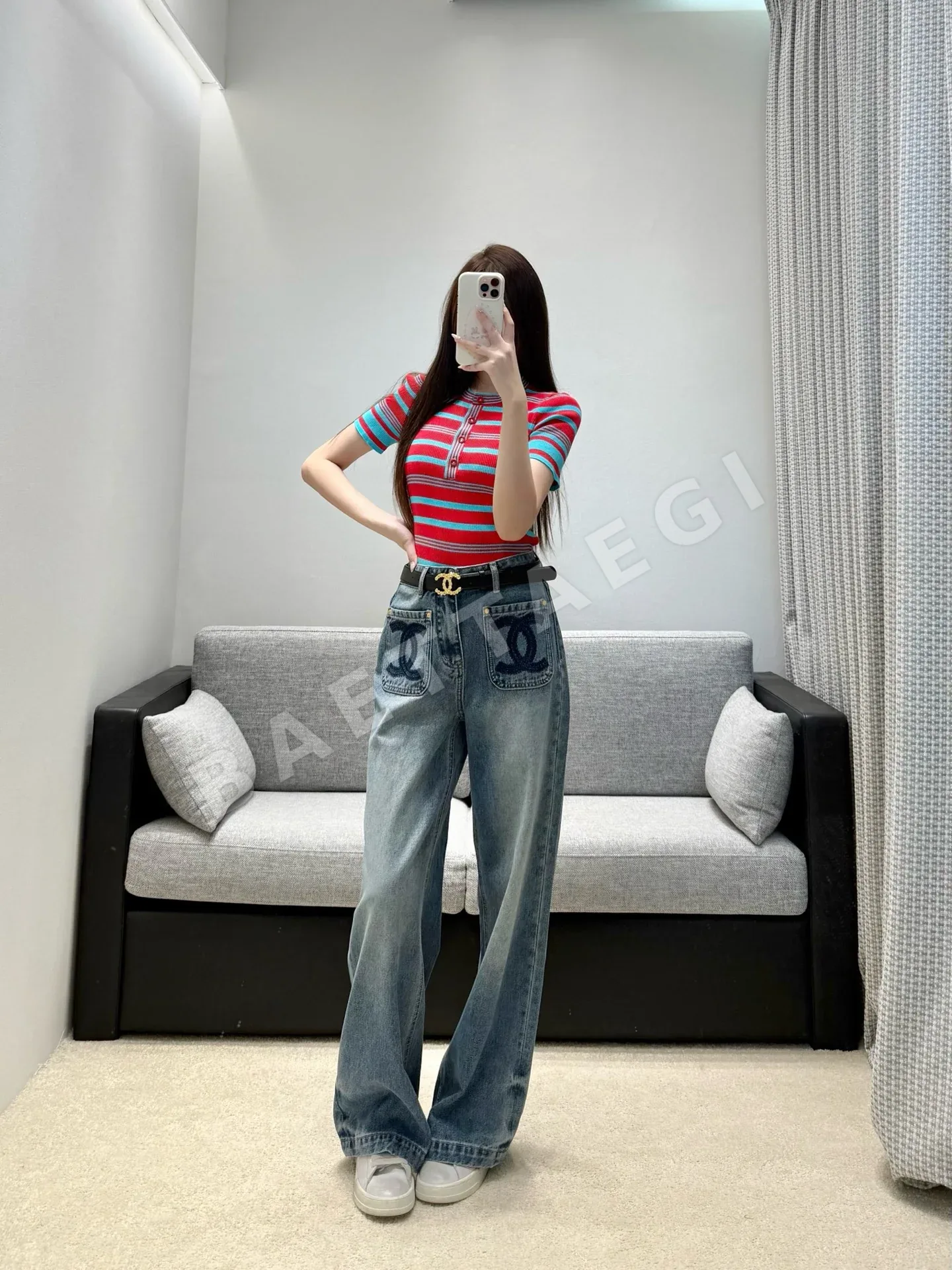 샤넬 투톤 와이드 레그 데님 여성 바지 상세 이미지 6