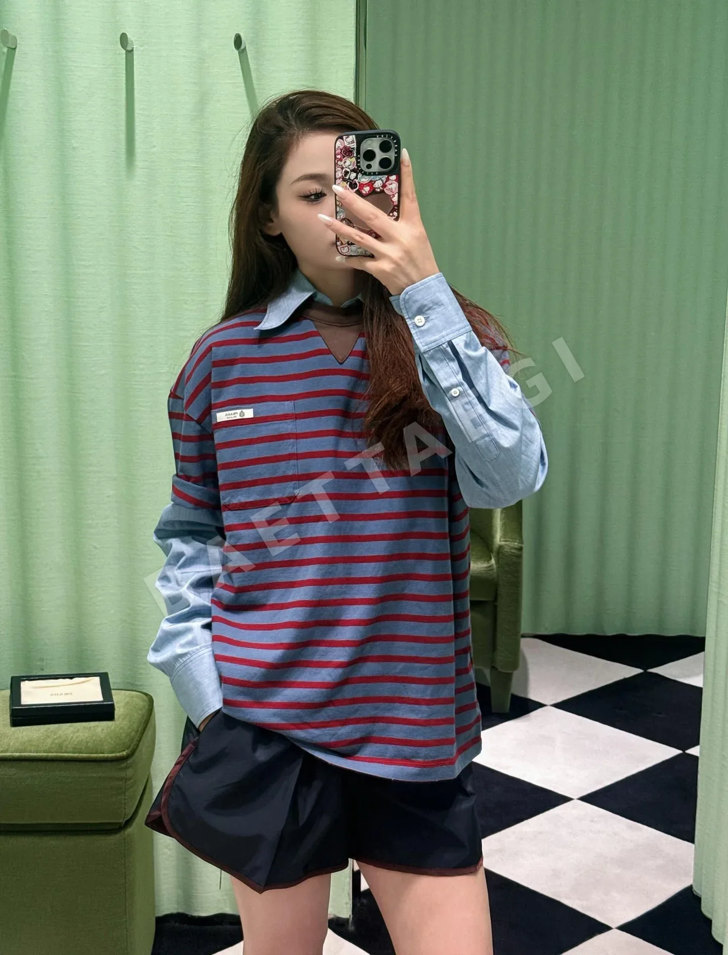 프라다 스트라이프 오버핏 코튼 반팔 티셔츠 상세 이미지 9