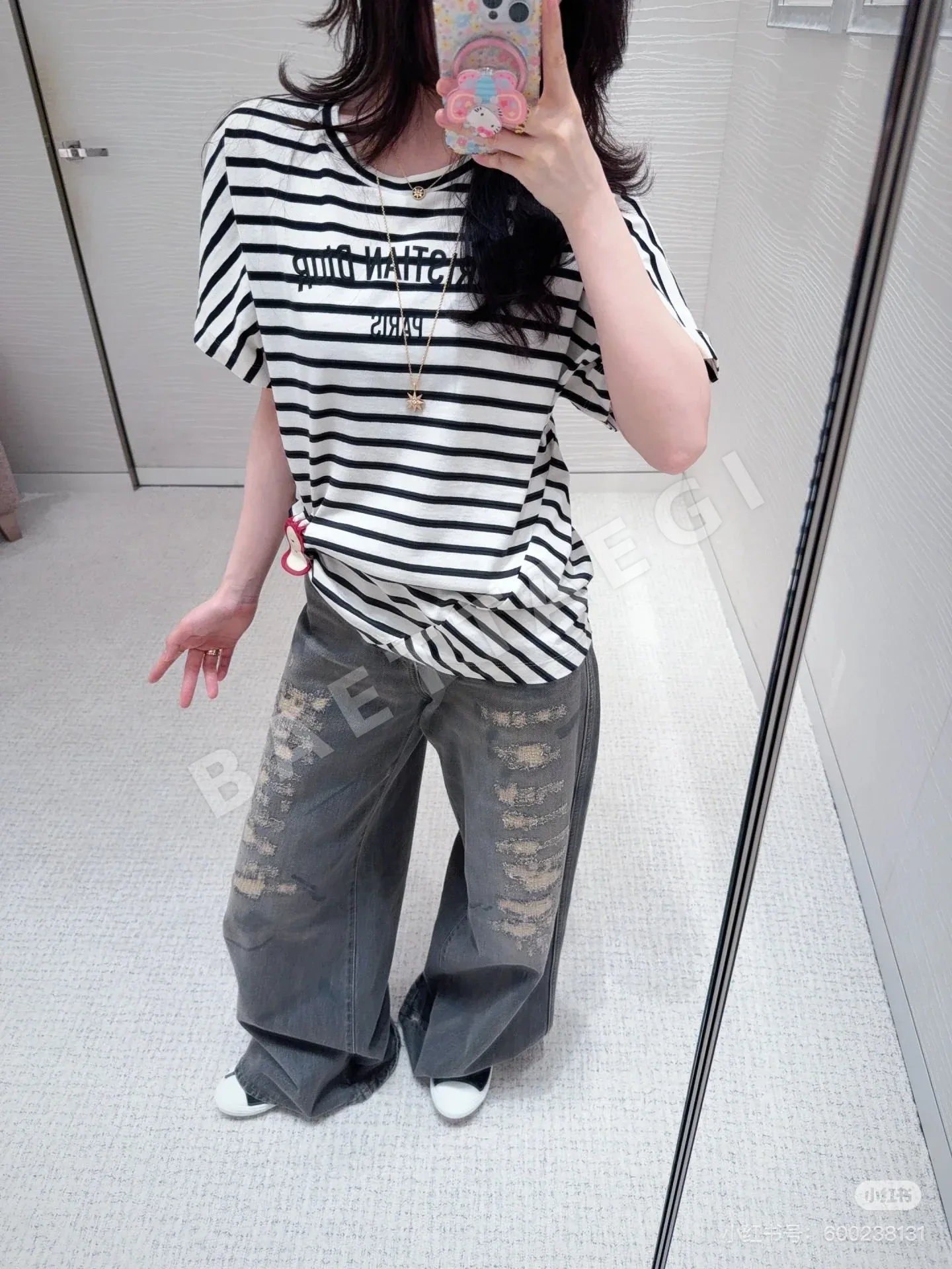 디올 데미지 와이드 레그 면 데님 바지 상세 이미지 6