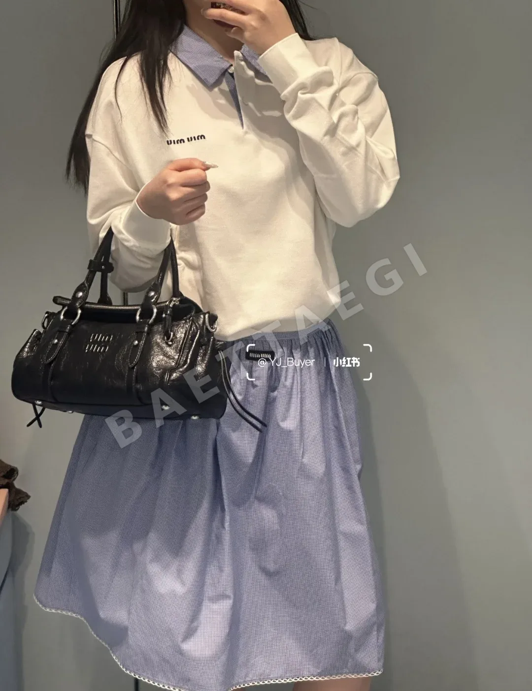 미우미우 체크 레이스 카라 반팔 티셔츠 상세 이미지 9