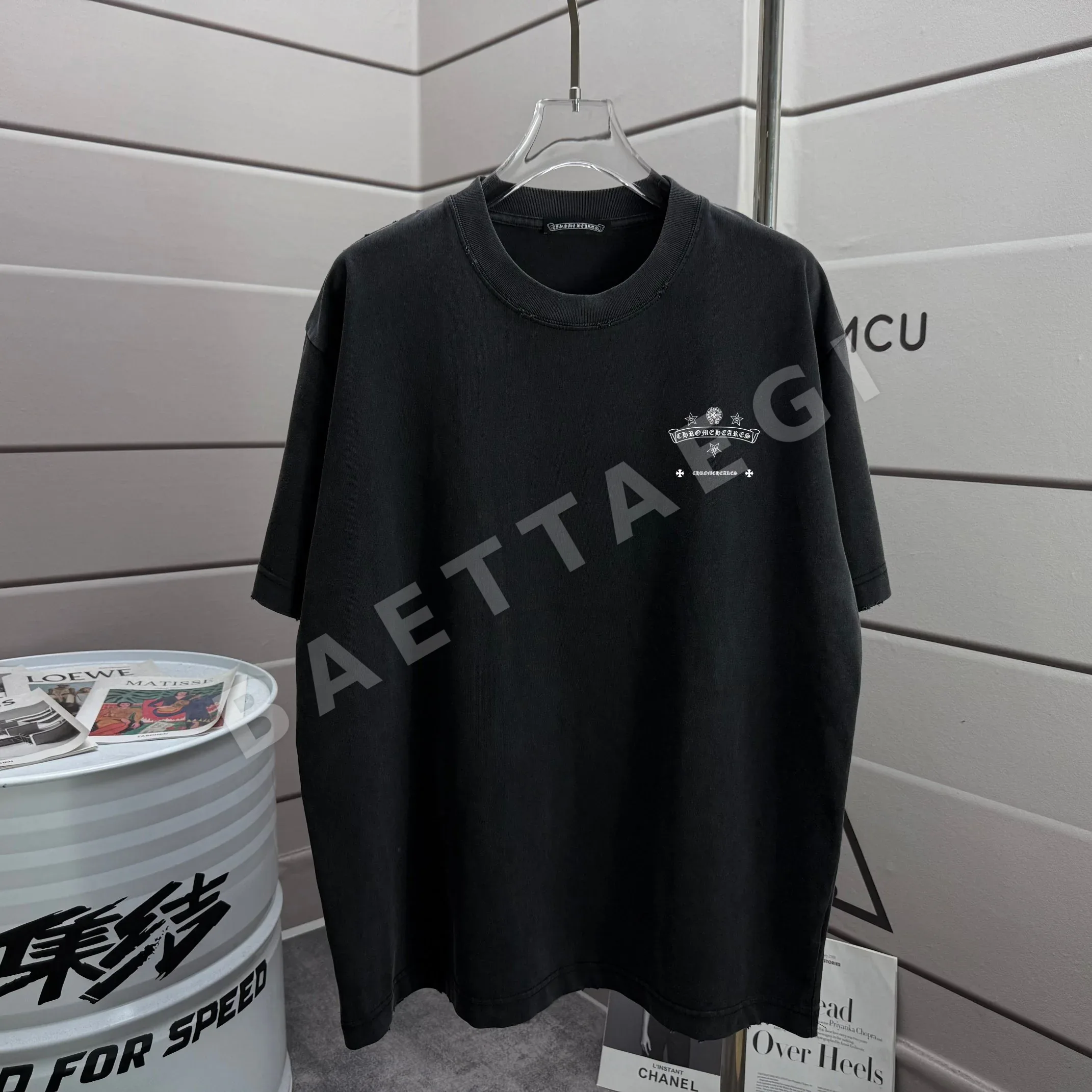 크롬하츠 워시 가공 루즈핏 남녀공용 크루넥 반팔 티셔츠 상세 이미지 2