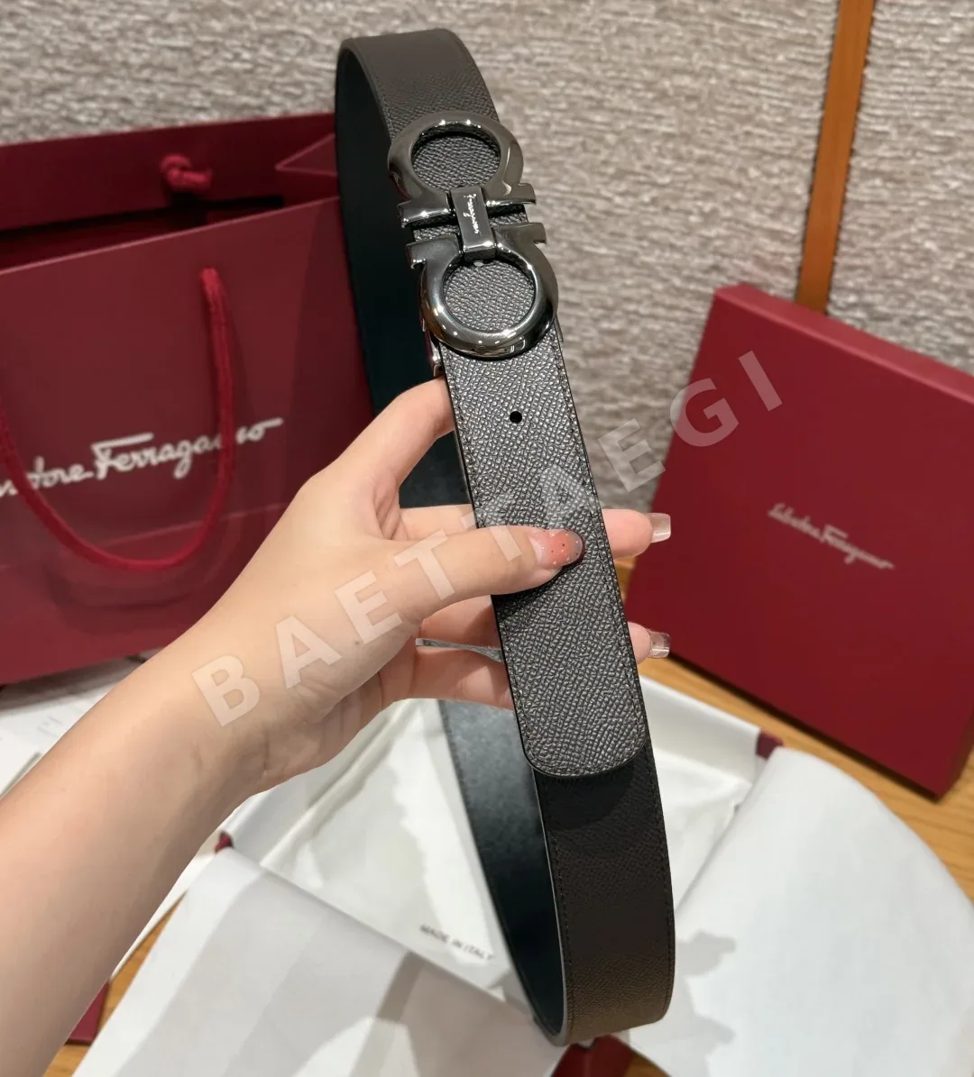 페레가모 간치니 골드 버클 양면 가죽 벨트 상세 이미지 3