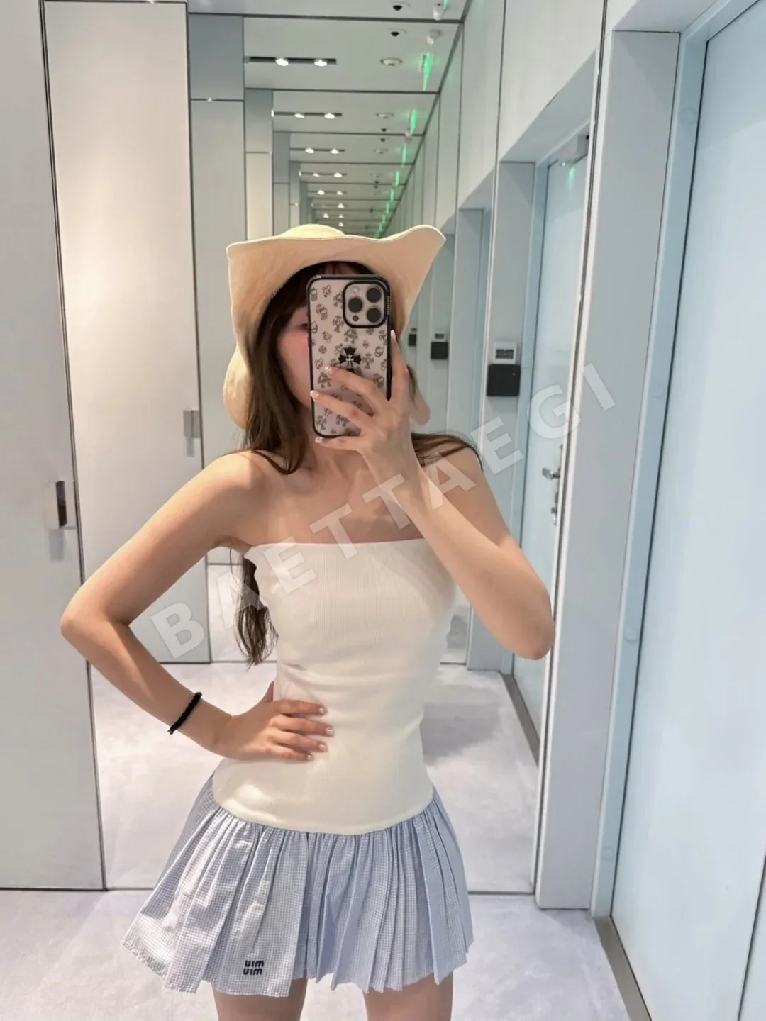 미우미우 컬러 블록 패치워크 스트랩리스 체크 미디 원피스 상세 이미지 9