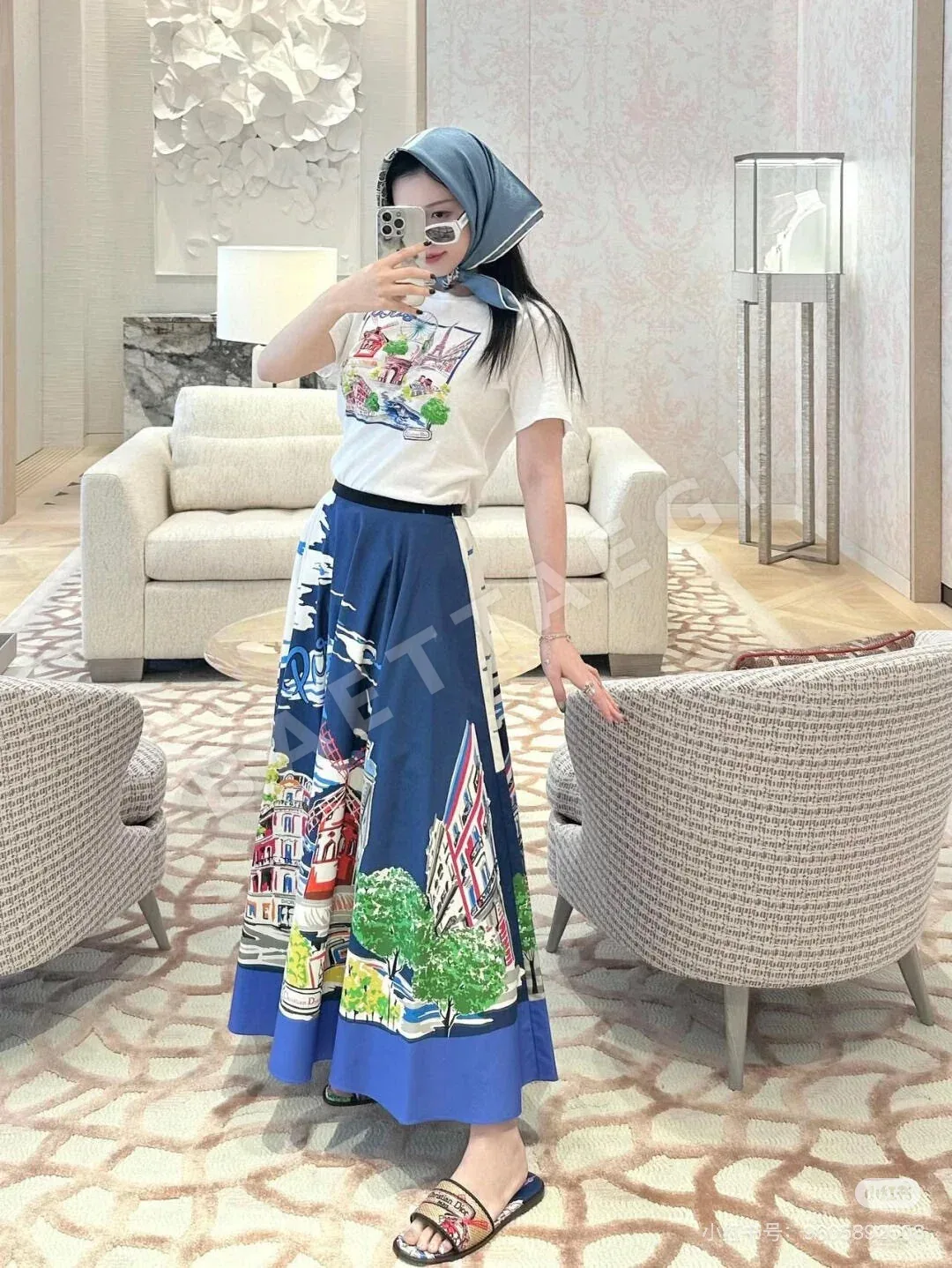 디올 파리 레드카펫 글래머 프린트 린넨 반팔 티셔츠 상세 이미지 5