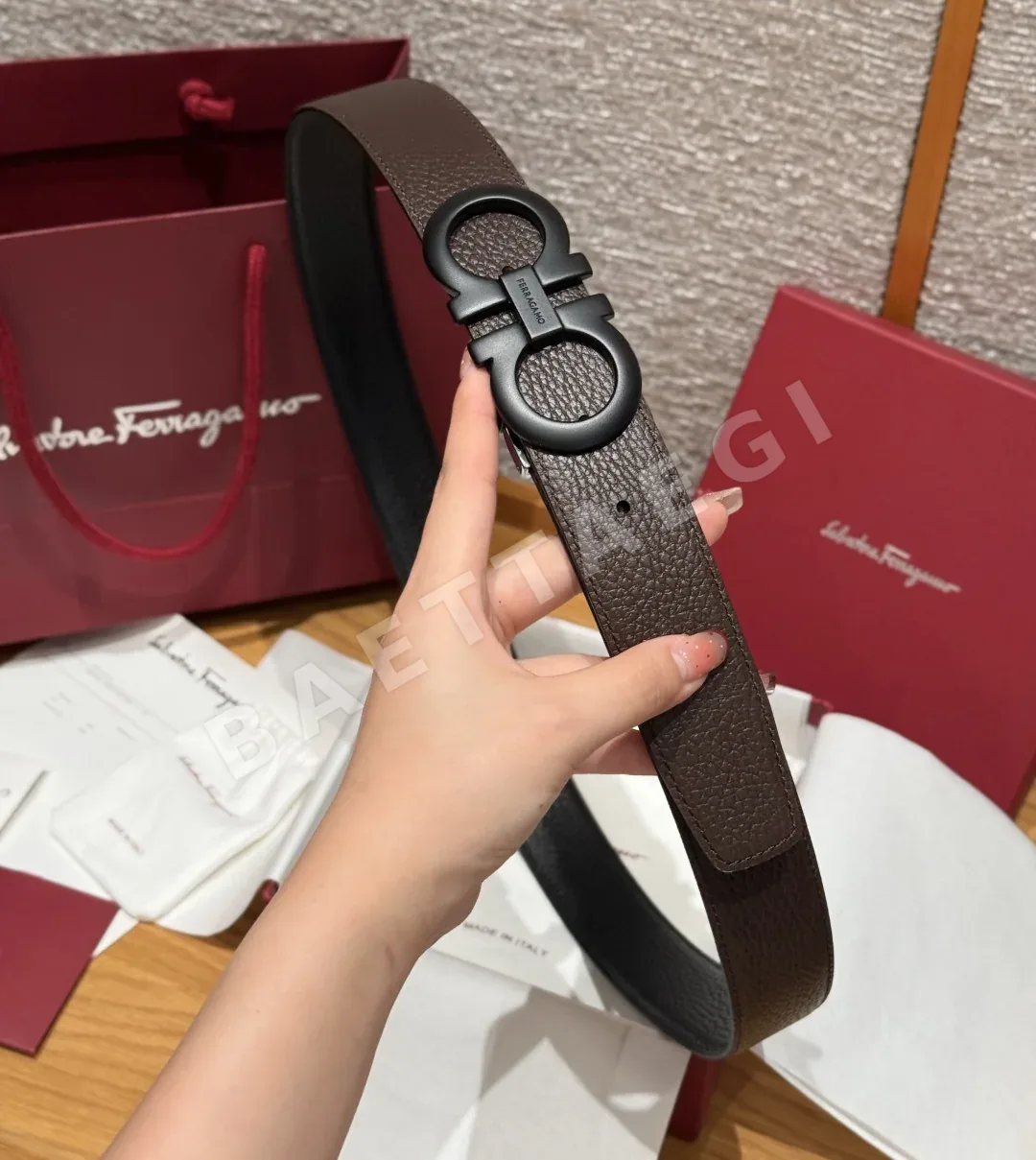 페레가모 간치니 메탈 버클 양면 가죽 벨트 상세 이미지 4
