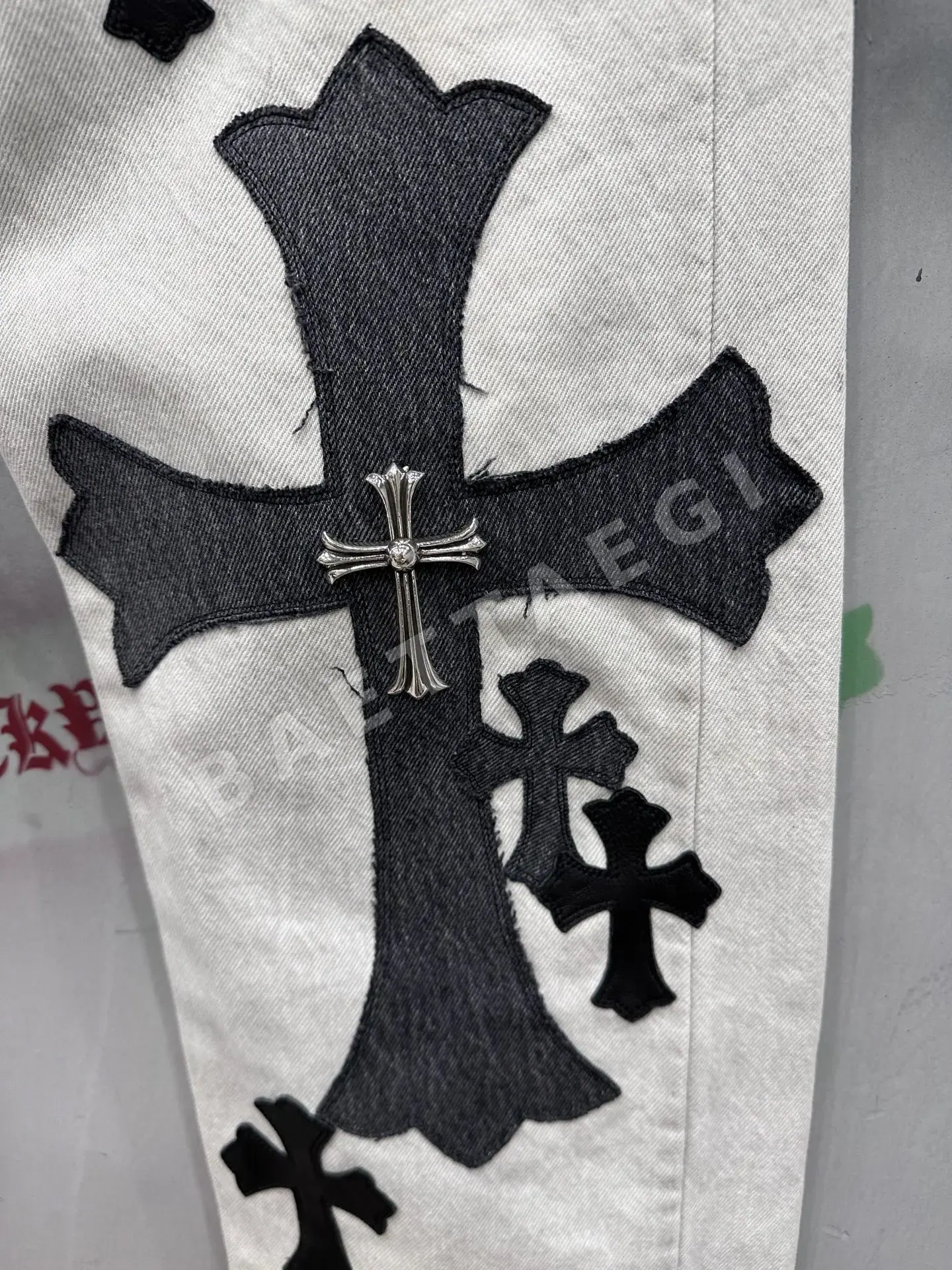 크롬하츠 그레이 화이트 패치워크 가죽 데님 바지 상세 이미지 7