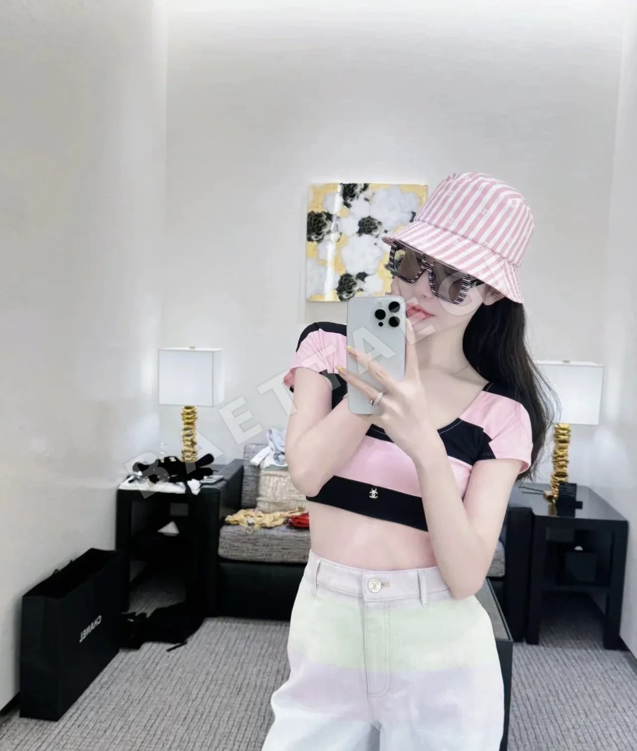 샤넬 스트라이프 버킷 모자 82848