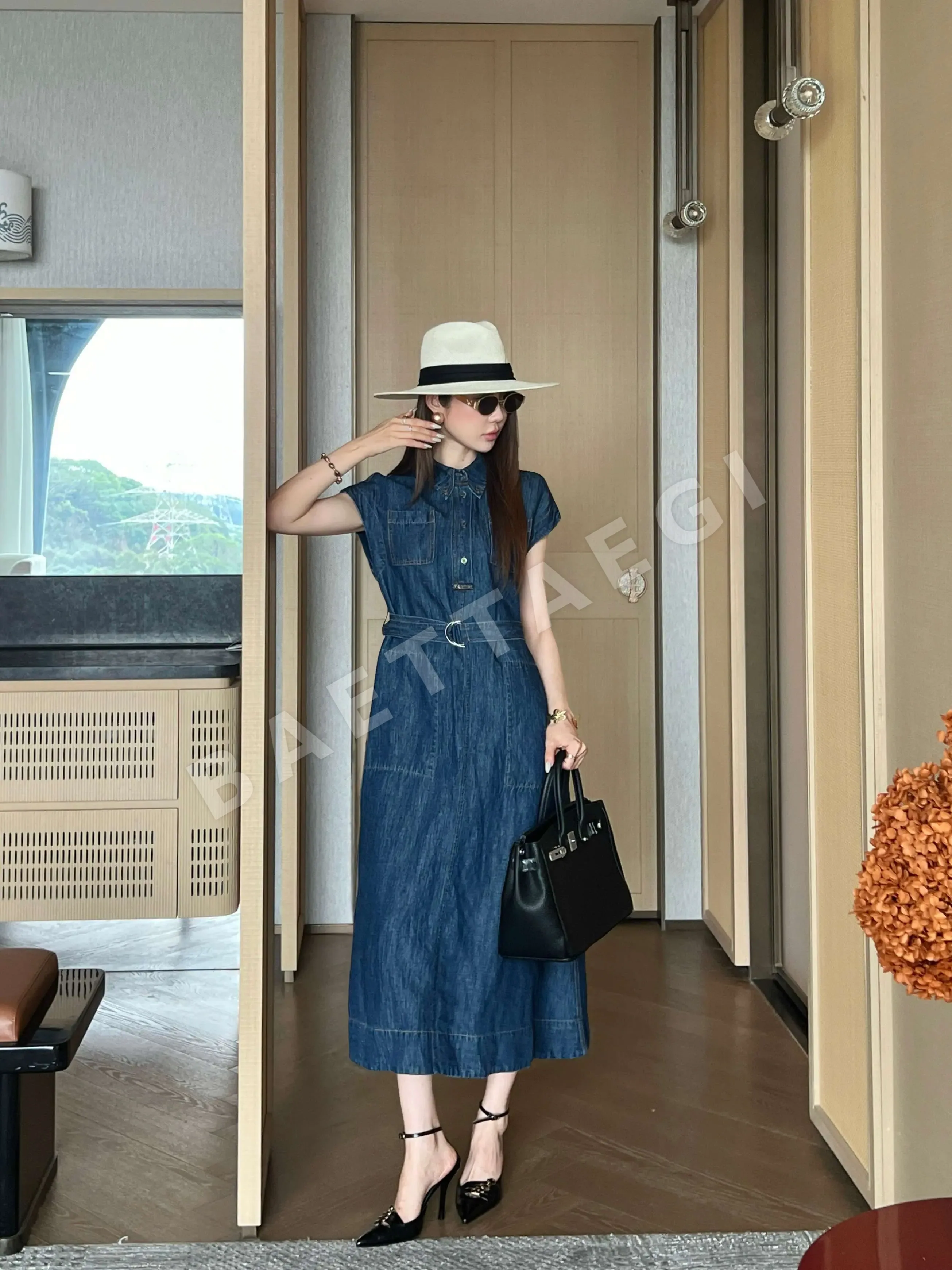 브루넬로쿠치넬리 옐로우 골드 데님 벨트 슬림핏 롱 원피스
