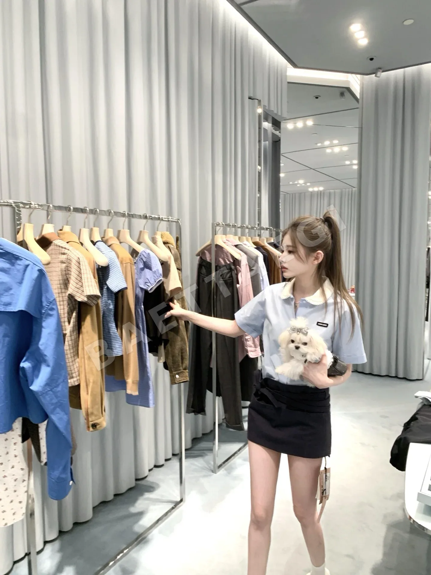 미우미우 피터팬 카라 레이스 배색 반팔 셔츠 상세 이미지 9