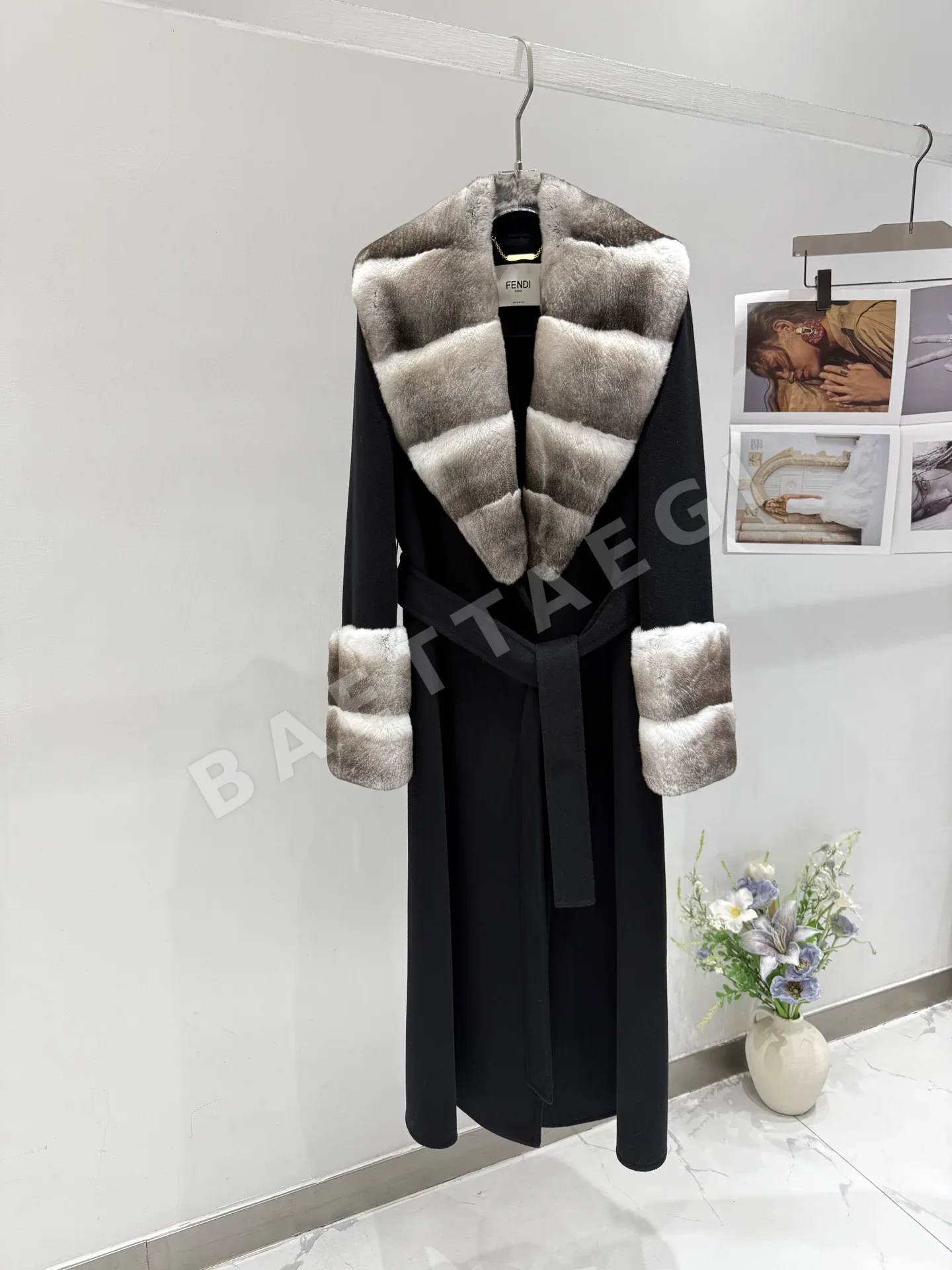 펜디 벨티드 카시미야 울 렉스래빗 롱 자켓 206652