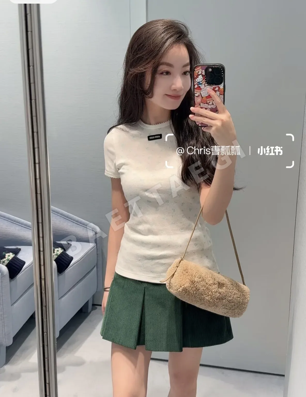 미우미우 마이크로 로고 플라워 프린트 반팔 티셔츠 상세 이미지 6
