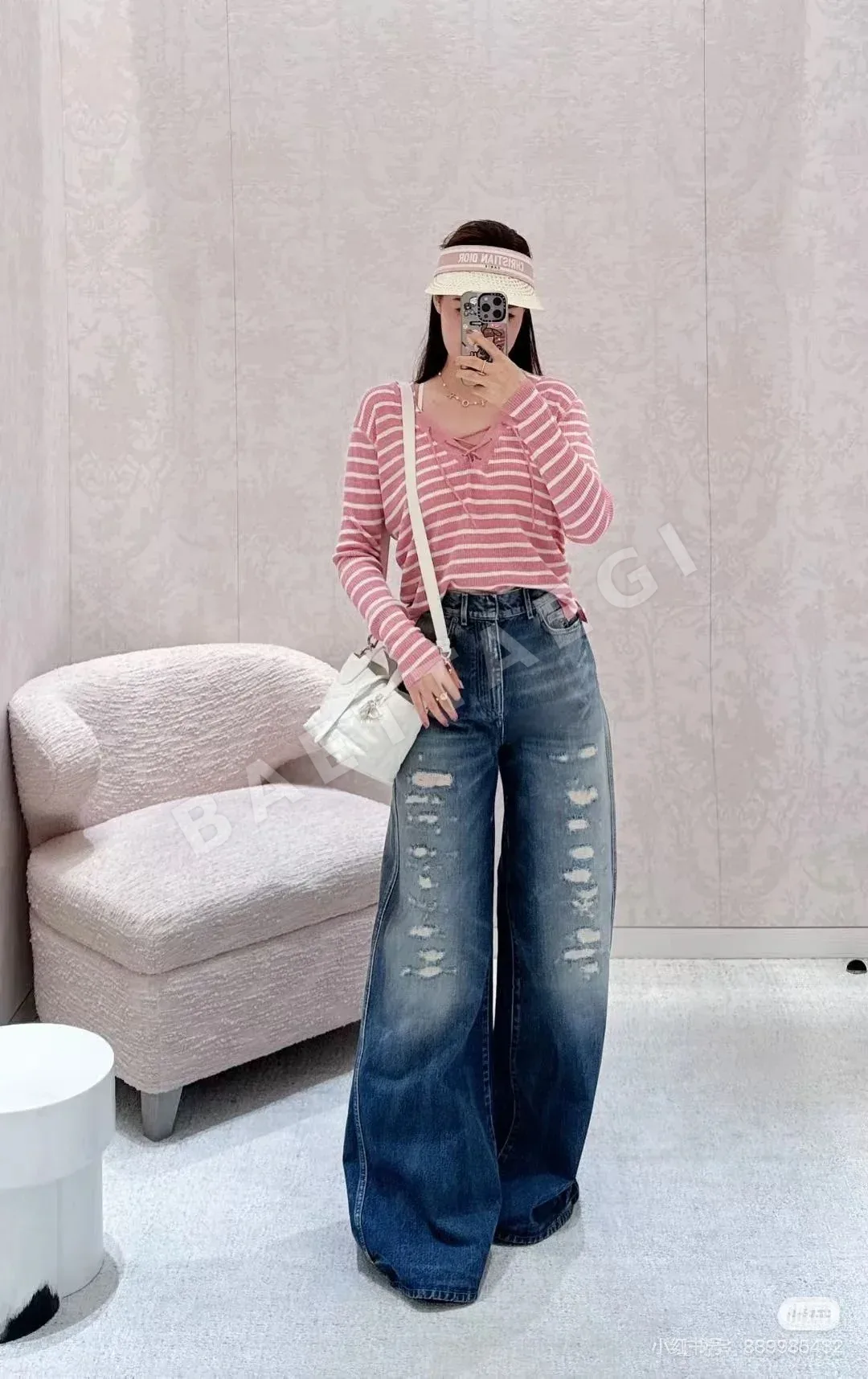 디올 다미지 가공 와이드 레그 데님 바지 상세 이미지 7