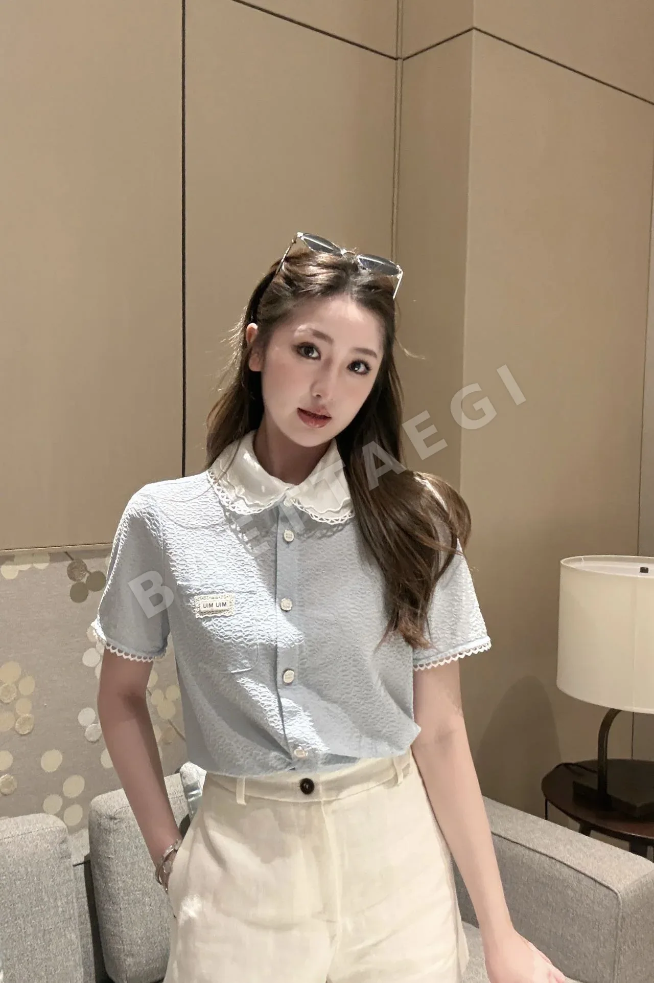 미우미우 레이스 카라 프릴 소매 반팔 셔츠 상세 이미지 7