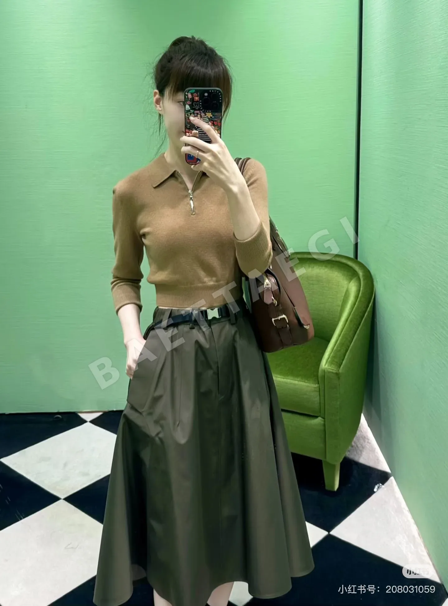 프라다 브라운 벨트 나일론 포켓 스커트 상세 이미지 5