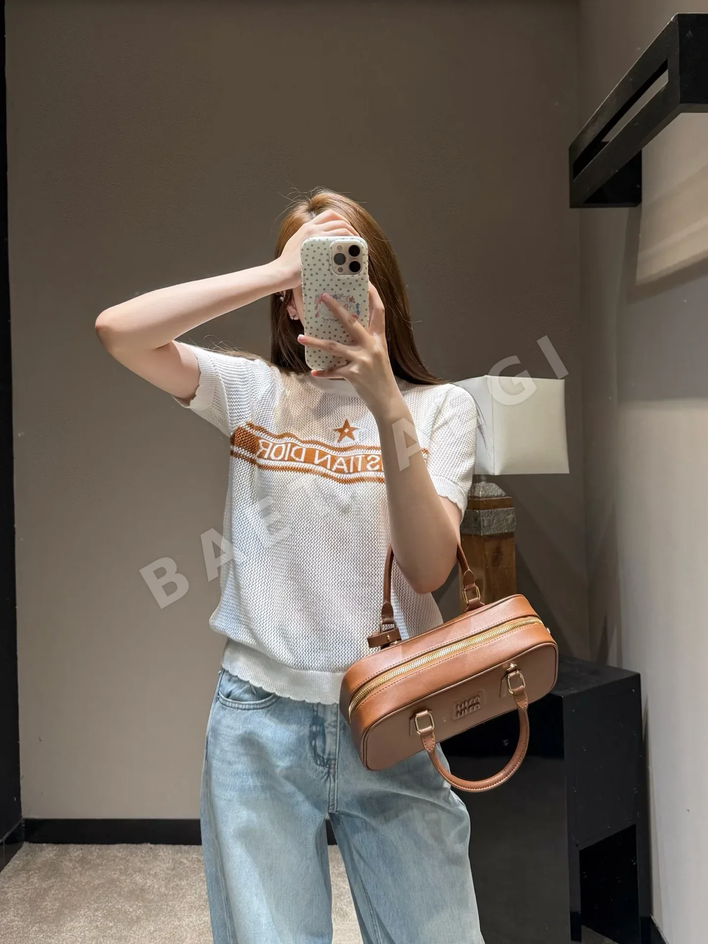 디올 레이스 소매 메시 니트 반팔 탑 92673