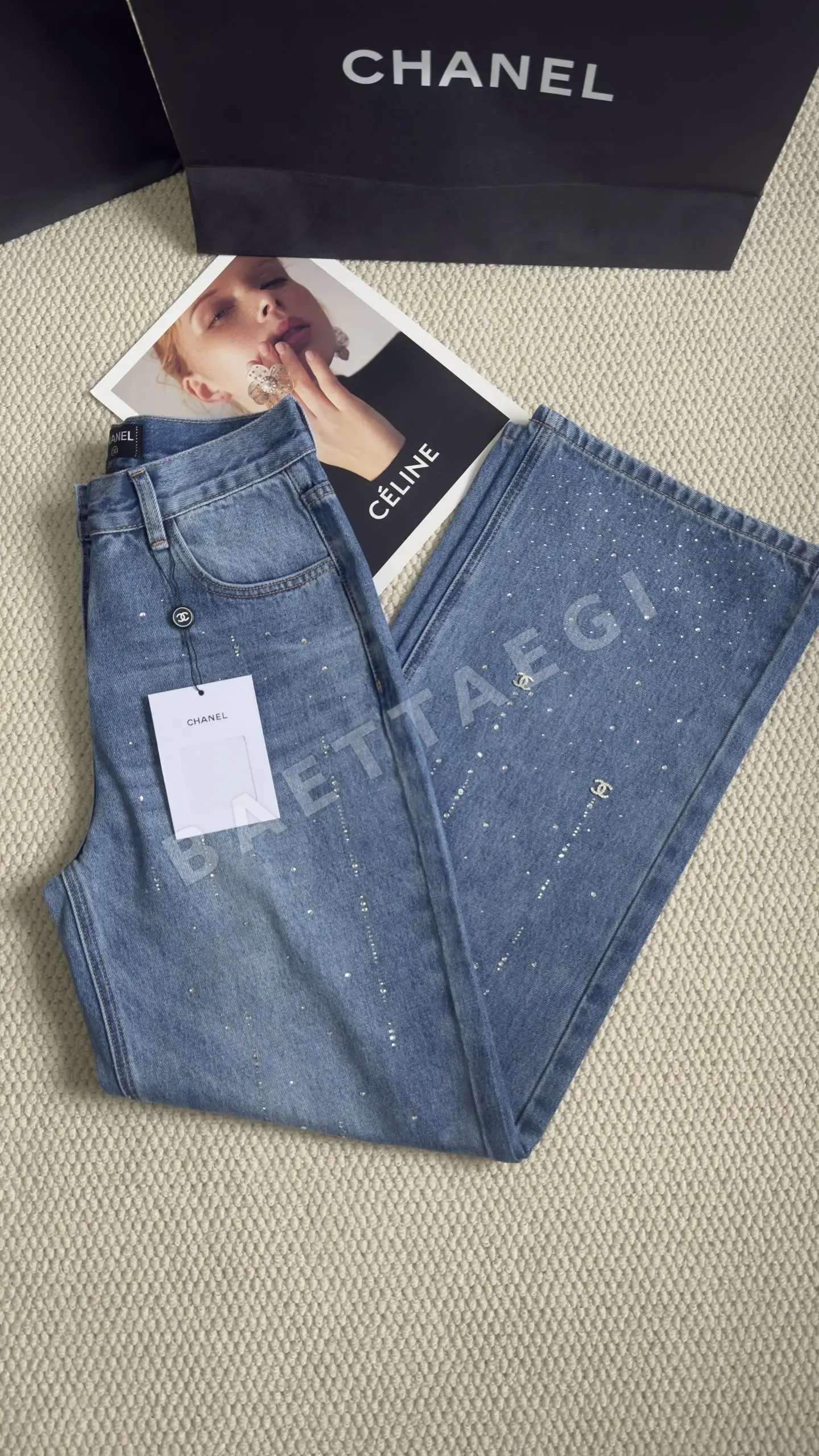 샤넬 라인스톤 장식 데님 와이드 바지 상세 이미지 5