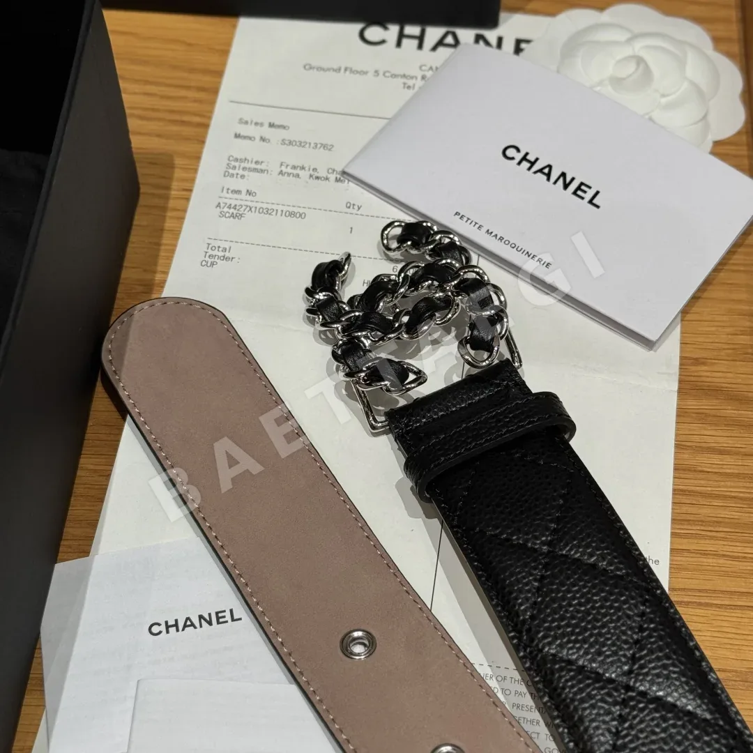 샤넬 더블 C 실버 버클 램스킨 가죽 벨트 상세 이미지 6