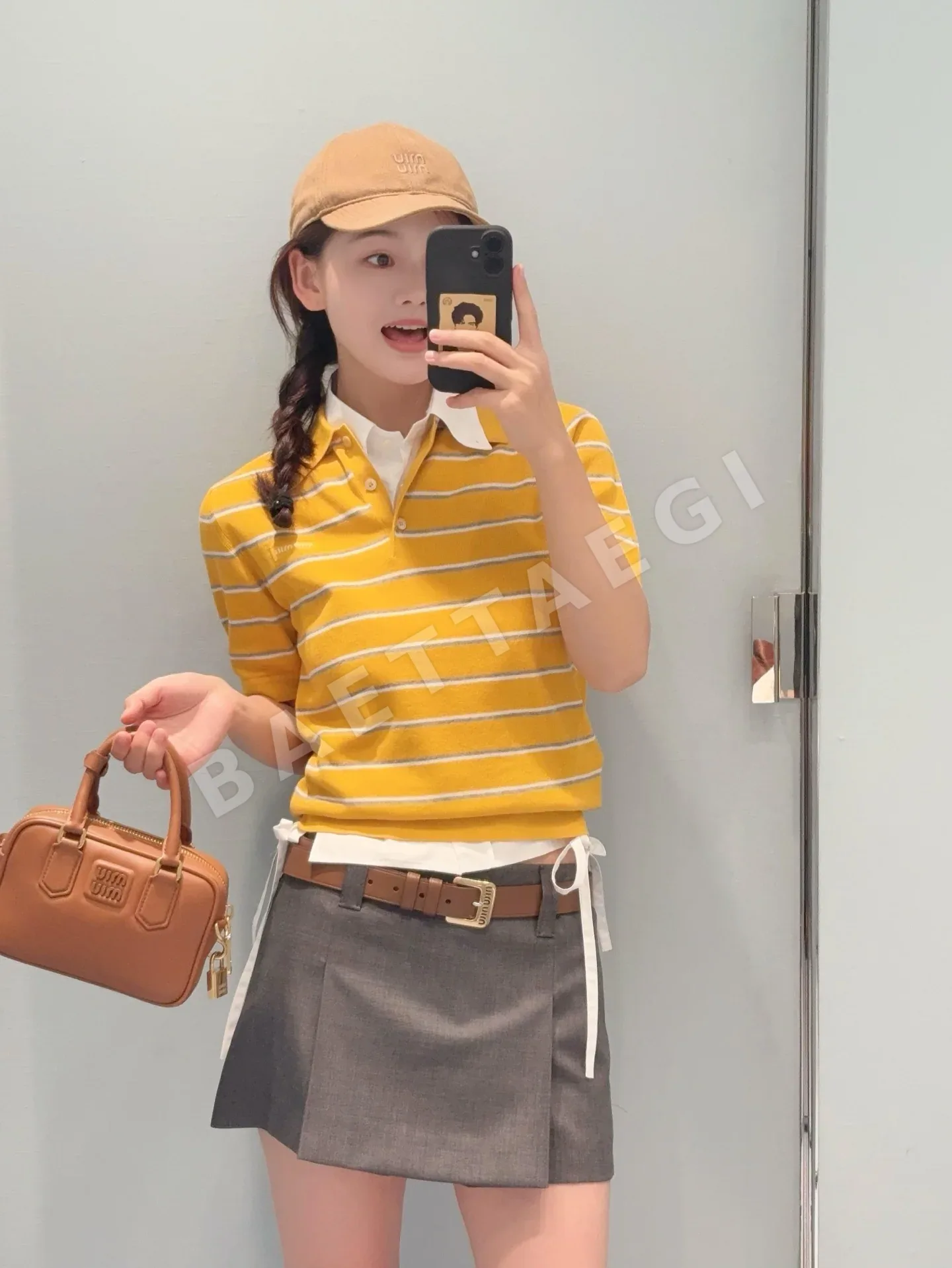 미우미우 컬러 블록 스트라이프 코튼 폴로 반팔 티셔츠 상세 이미지 9