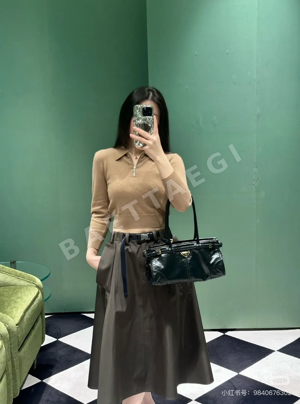 프라다 브라운 벨트 나일론 포켓 스커트 상세 이미지 4