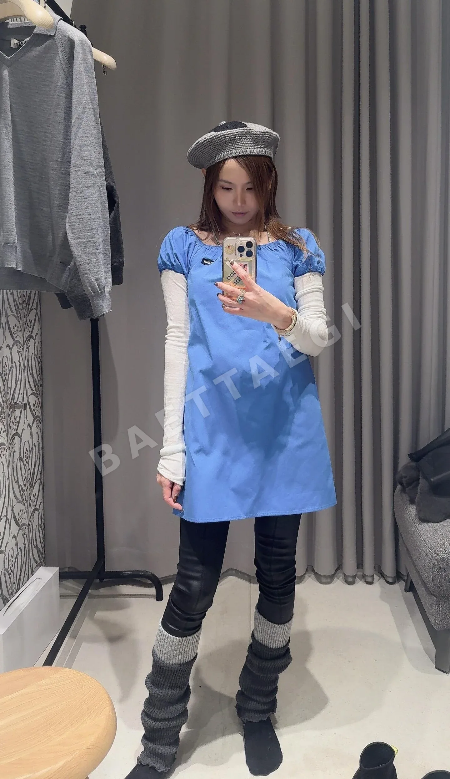 미우미우 스카이 블루 퍼프소매 A라인 원피스 상세 이미지 9
