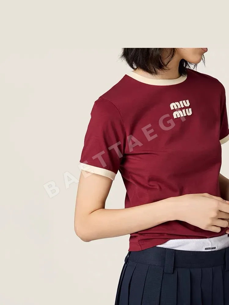 미우미우 컬러 블록 코튼 반팔 티셔츠 상세 이미지 3