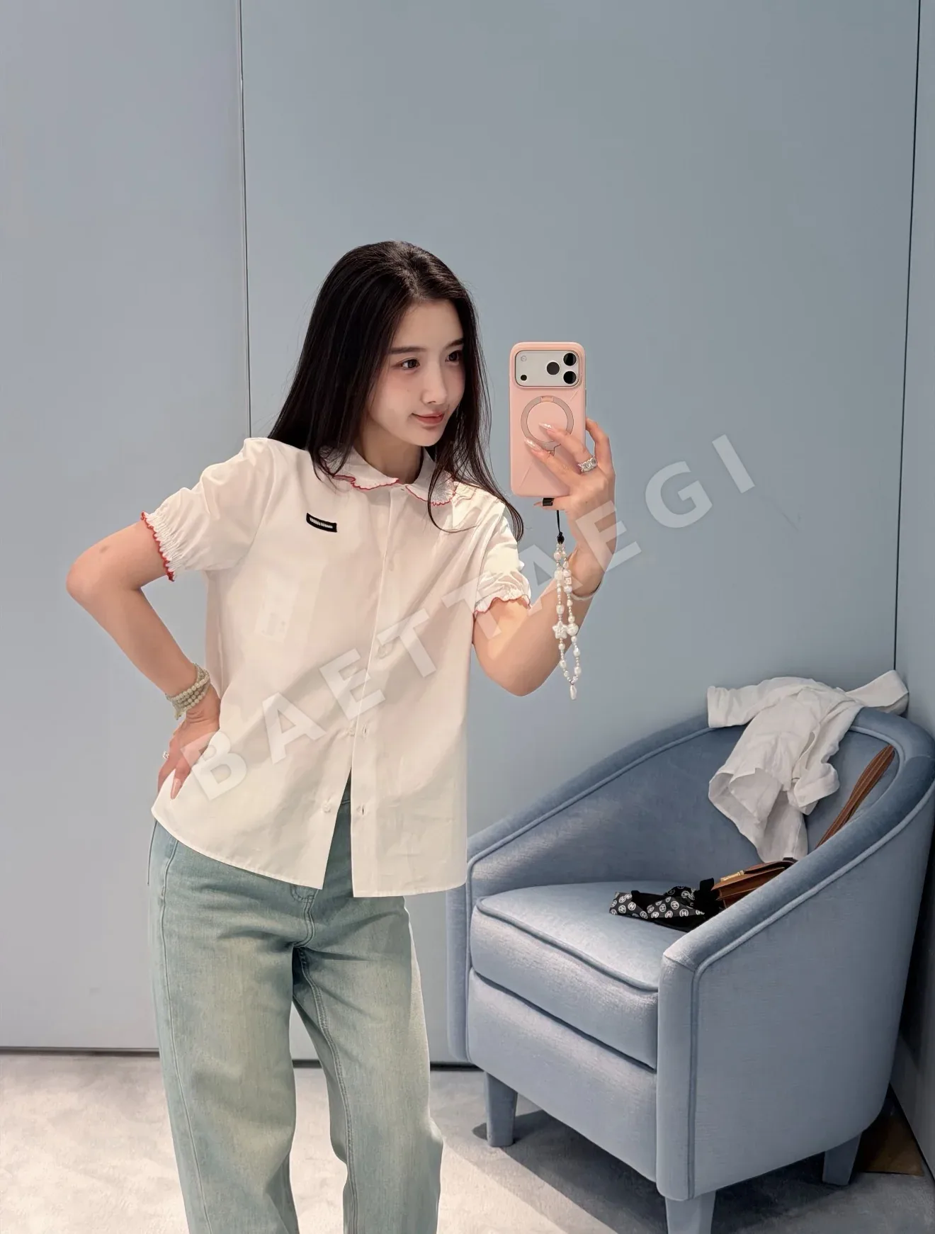 미우미우 레이스 피터팬 카라 코튼 반소매 셔츠 70304