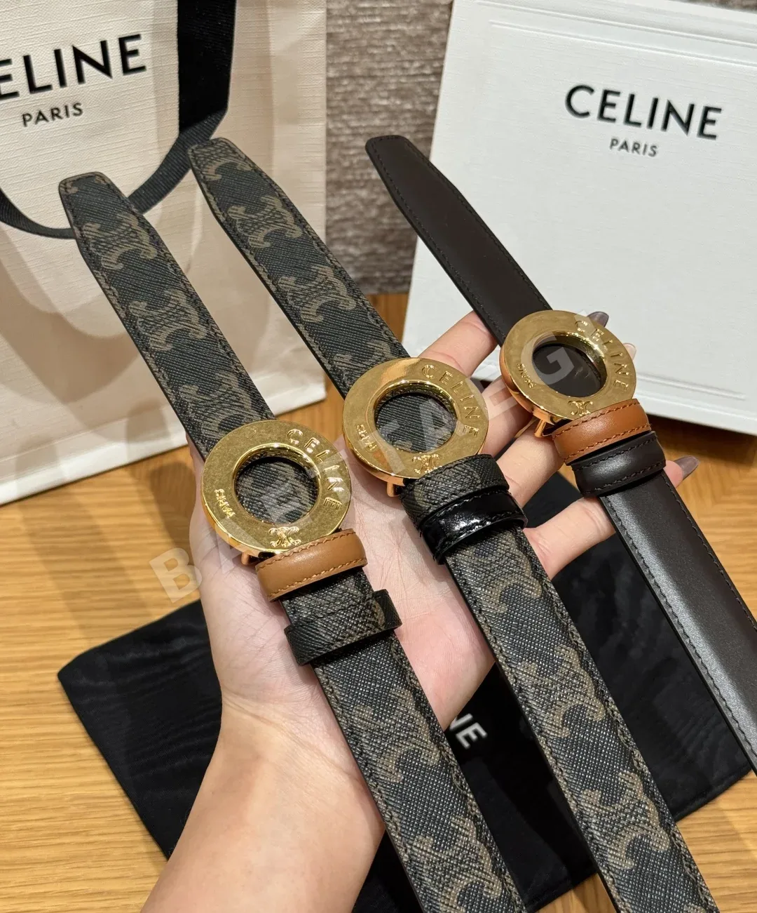셀린느 차트 디스크 골드 버클 양면 가죽 벨트 25MM 상세 이미지 2