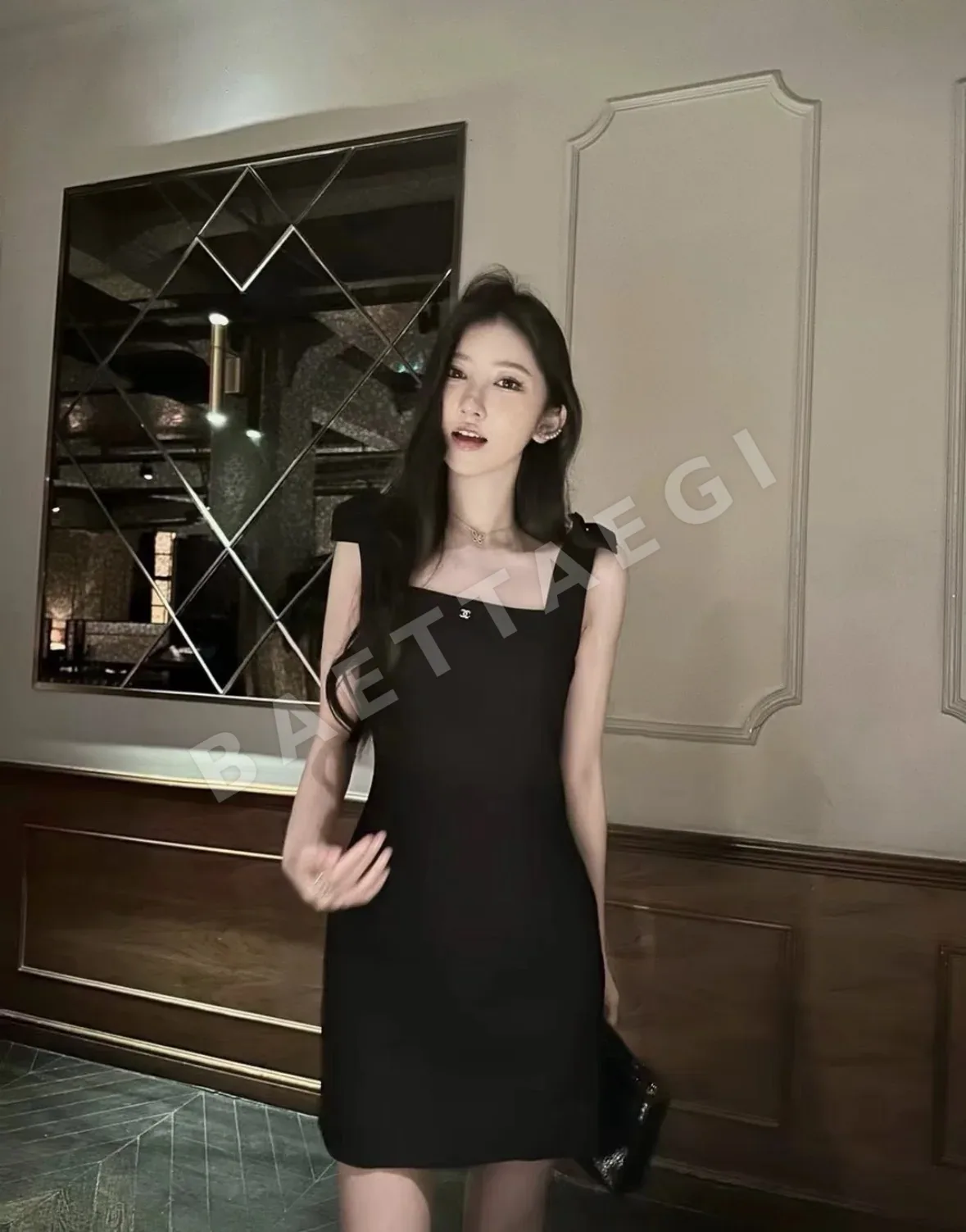 샤넬 스퀘어 네크라인 리본 장식 여성 원피스 104014