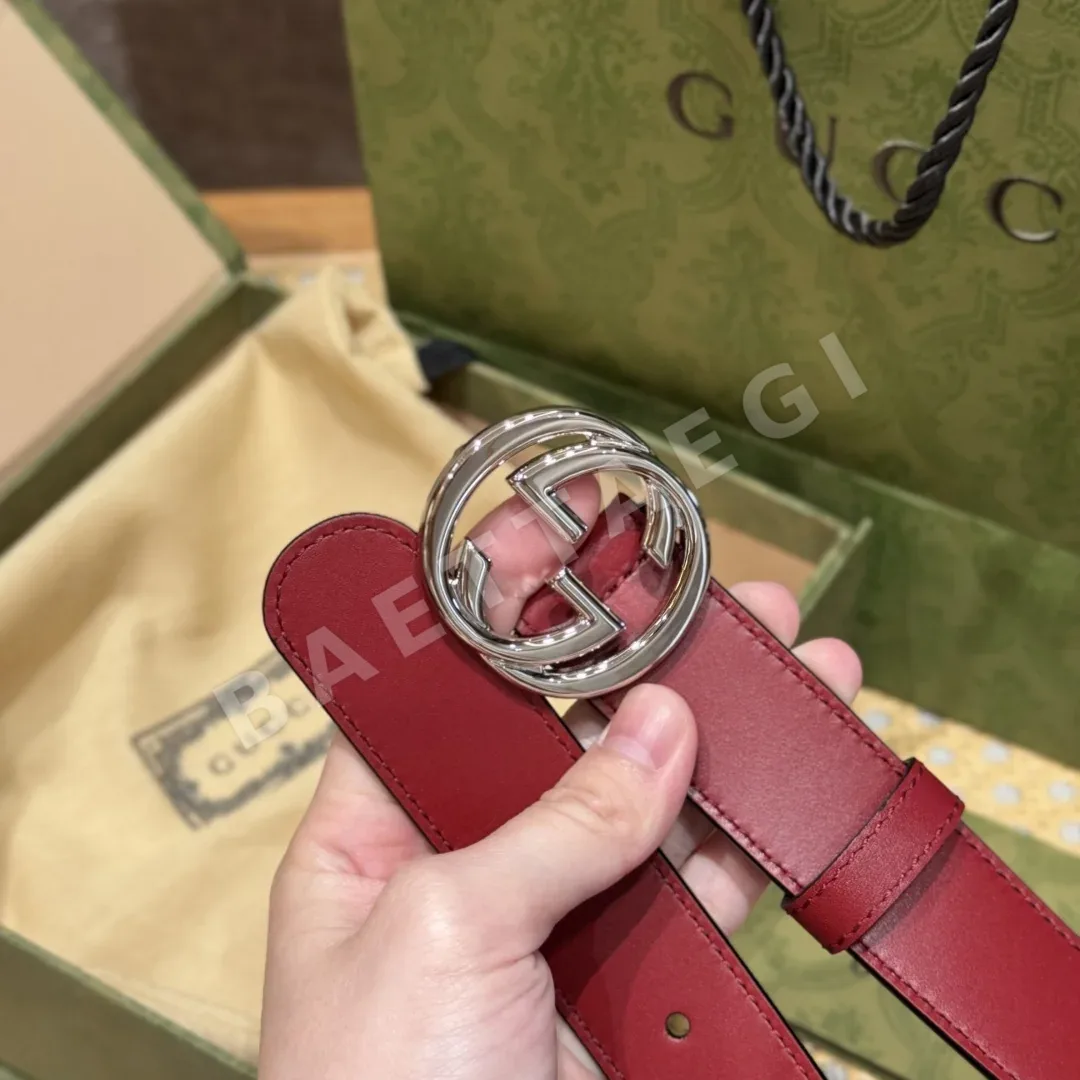 구찌 인터로킹 더블 G 버클 앵커 레드 가죽 벨트 상세 이미지 6