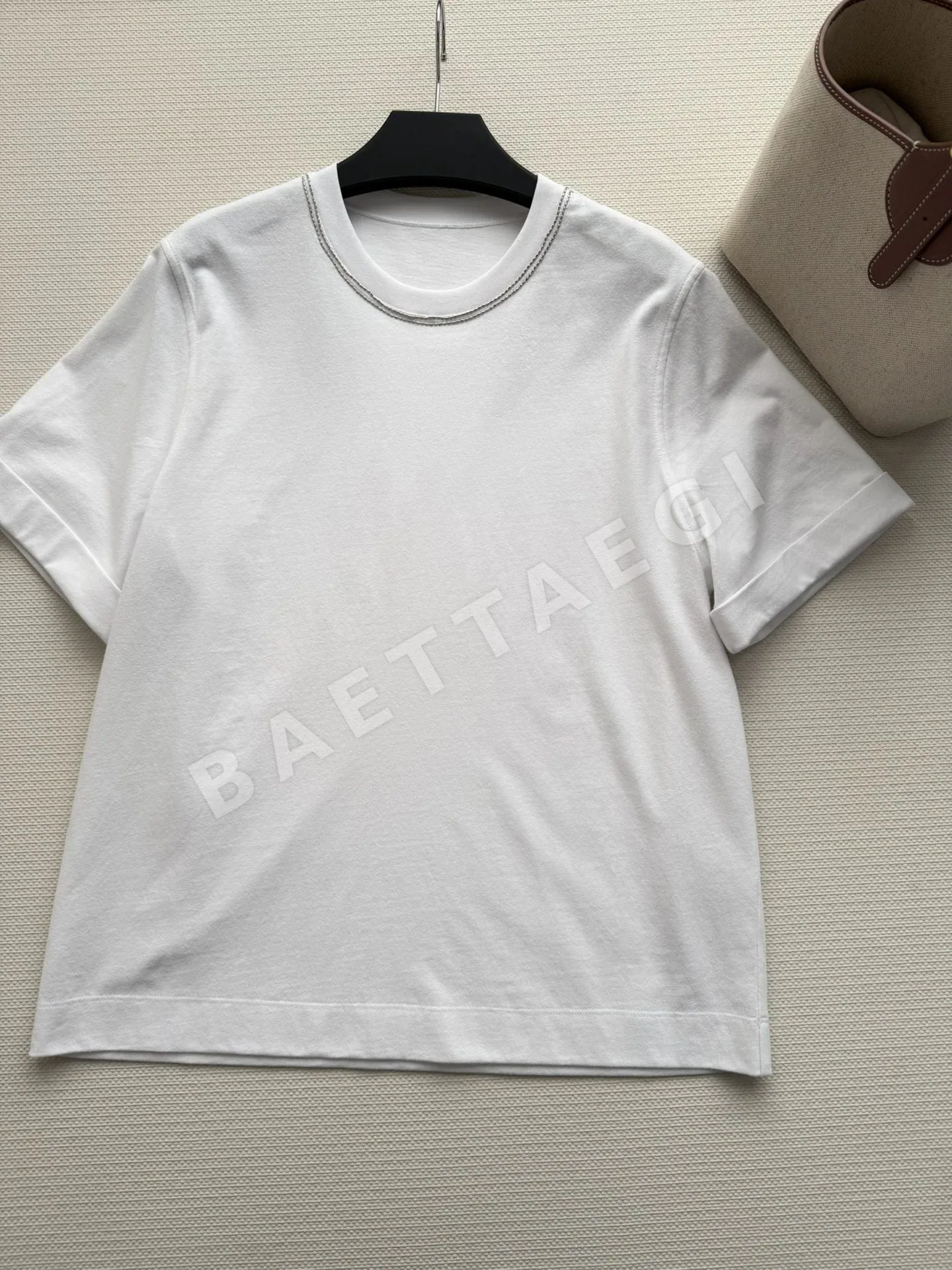브루넬로쿠치넬리 비즈 장식 크루넥 코튼 반팔 티셔츠 상세 이미지 3