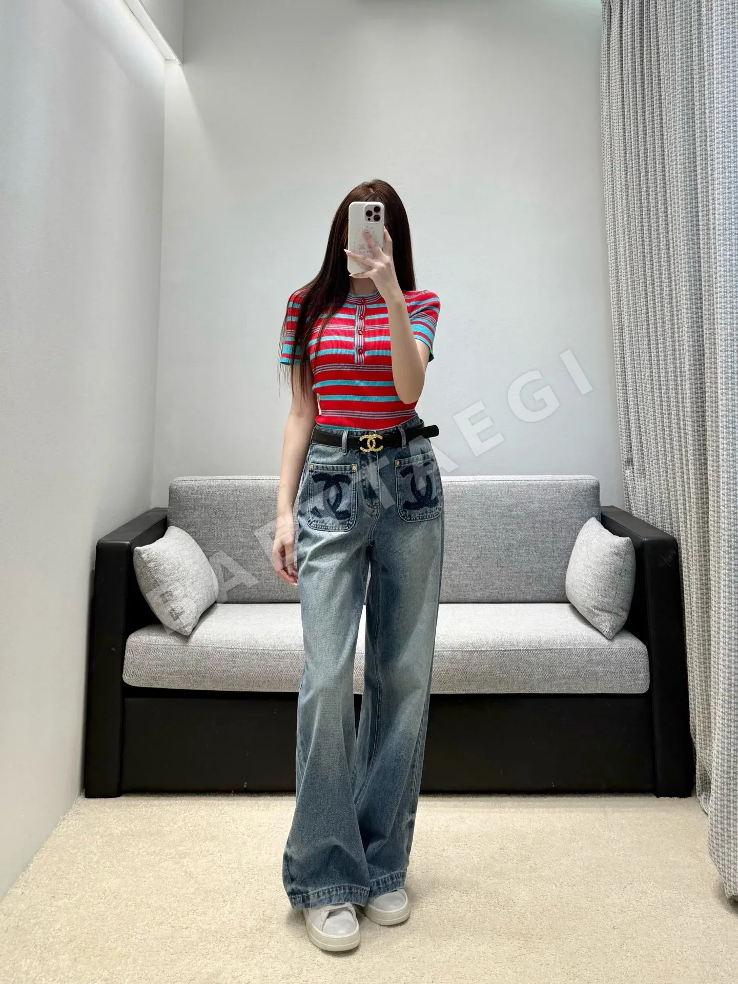 샤넬 투톤 와이드 레그 데님 여성 바지 상세 이미지 9