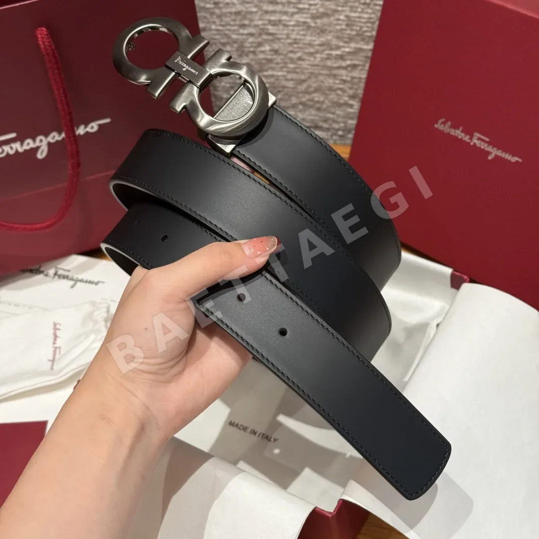 페레가모 간치니 실버 버클 양면 가죽 벨트 상세 이미지 2