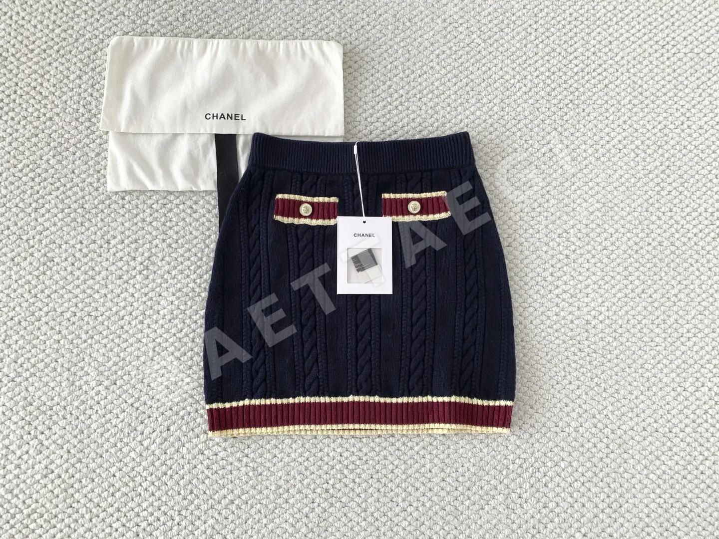 샤넬 네이비 블루 배색 니트 스커트 182456