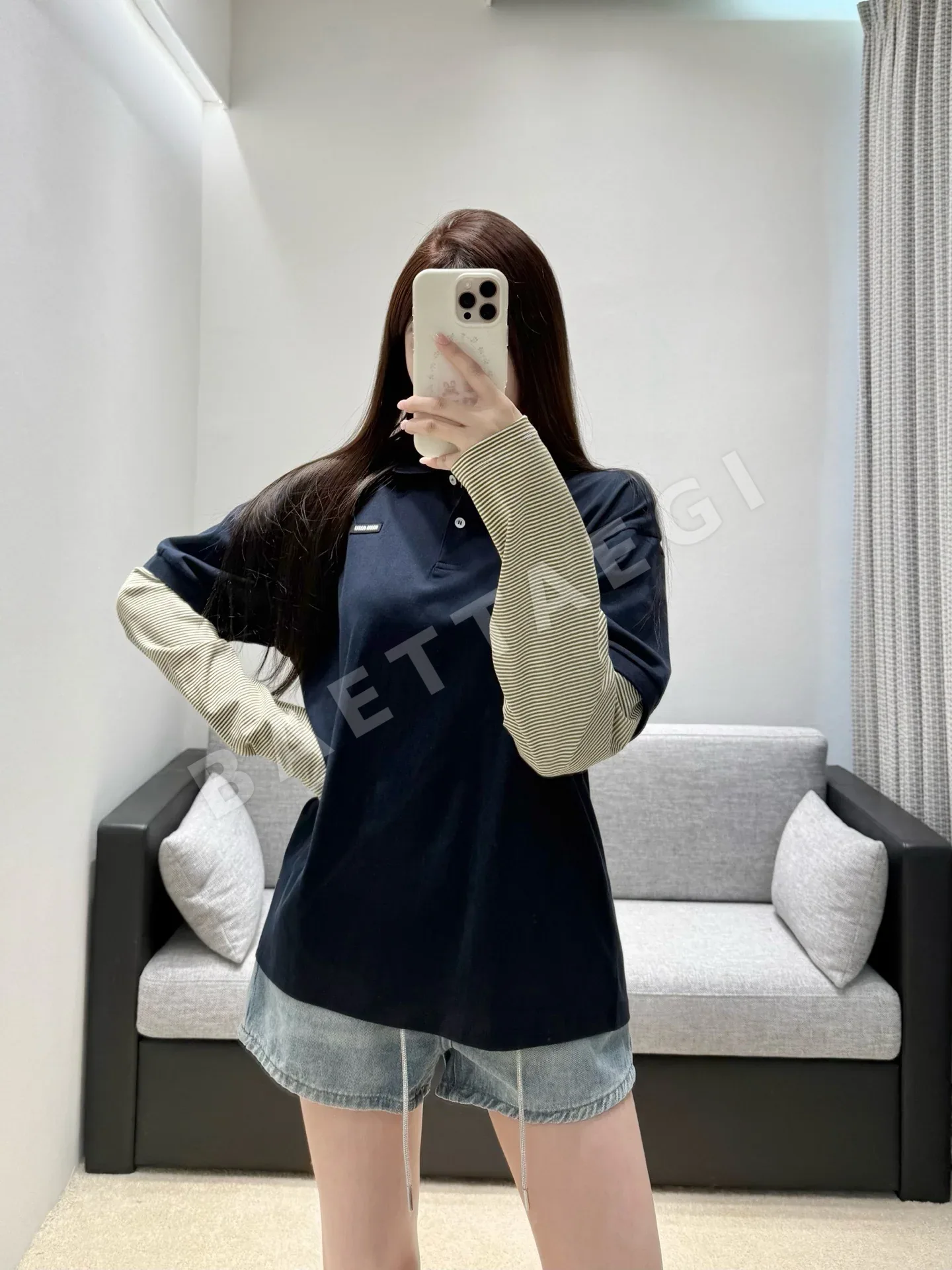 미우미우 네이비 블루 긴팔 투피스 티셔츠 상세 이미지 3