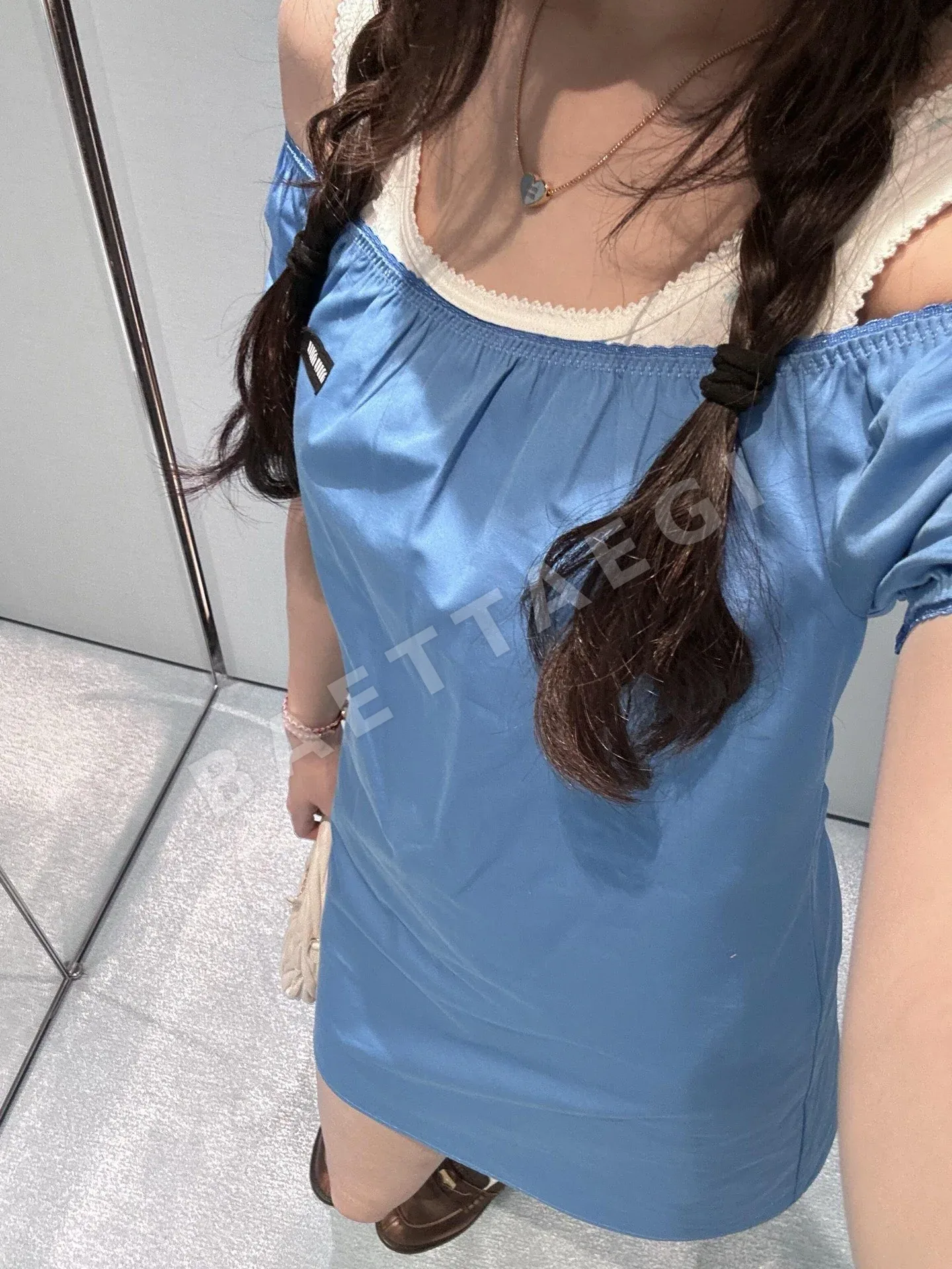미우미우 스카이 블루 퍼프소매 A라인 원피스 상세 이미지 3