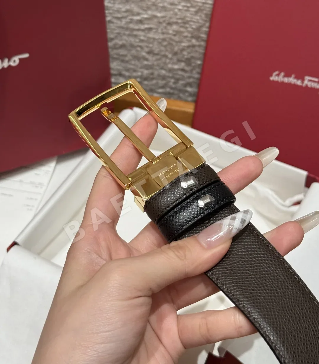 페레가모 간치니 더블 버클 투톤 소가죽 벨트 상세 이미지 6