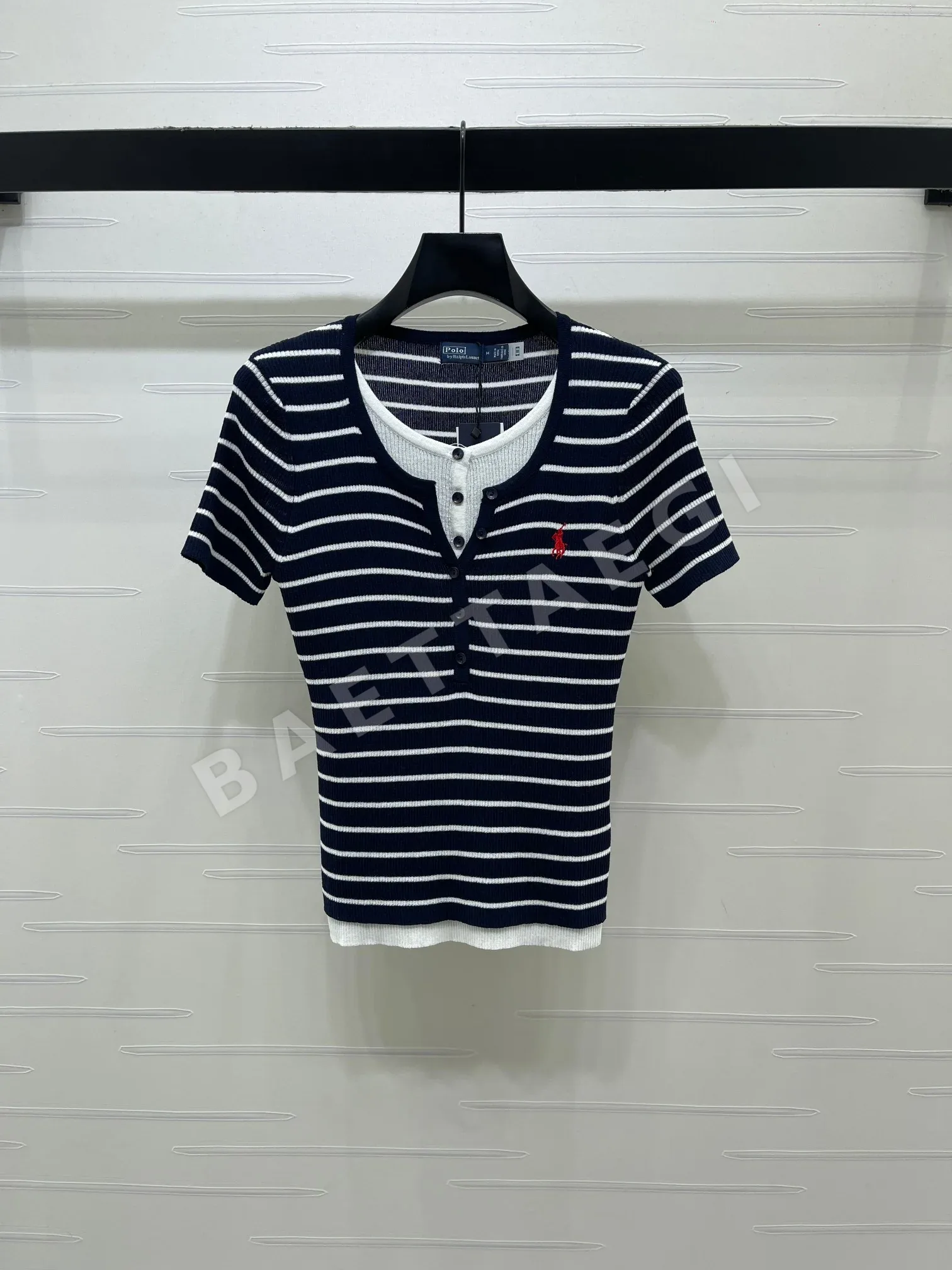 폴로 카라 블록 스트라이프 반팔 니트 탑 상세 이미지 8