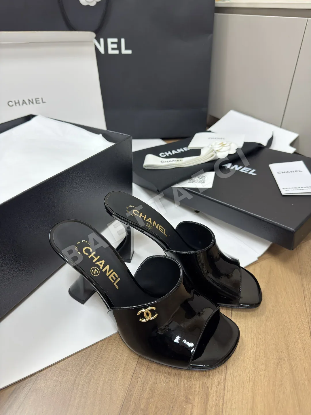 샤넬 미에르 다이아몬드 큐빅 장식 뮬 하이힐 88920