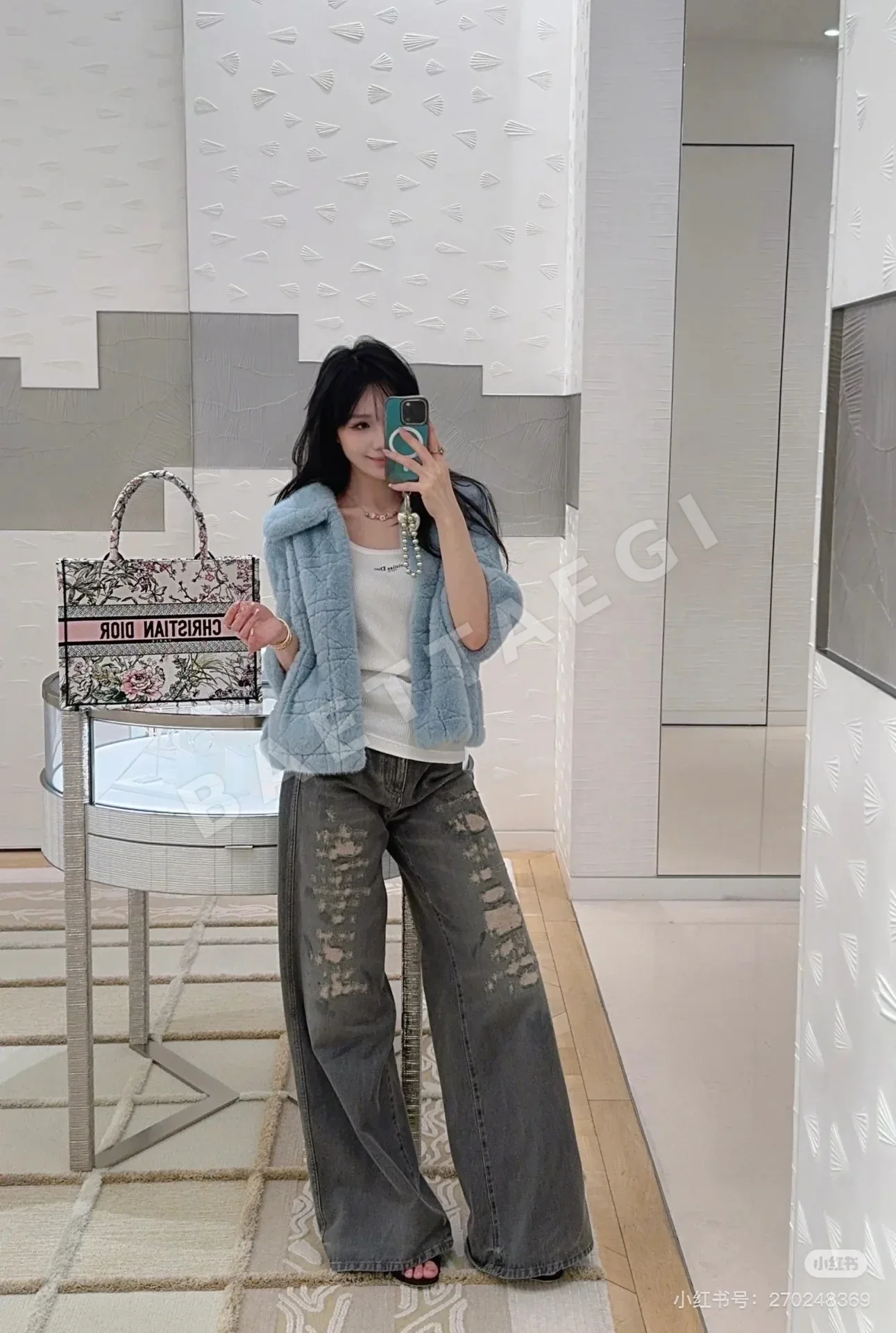 디올 데미지 와이드 레그 면 데님 바지 상세 이미지 5