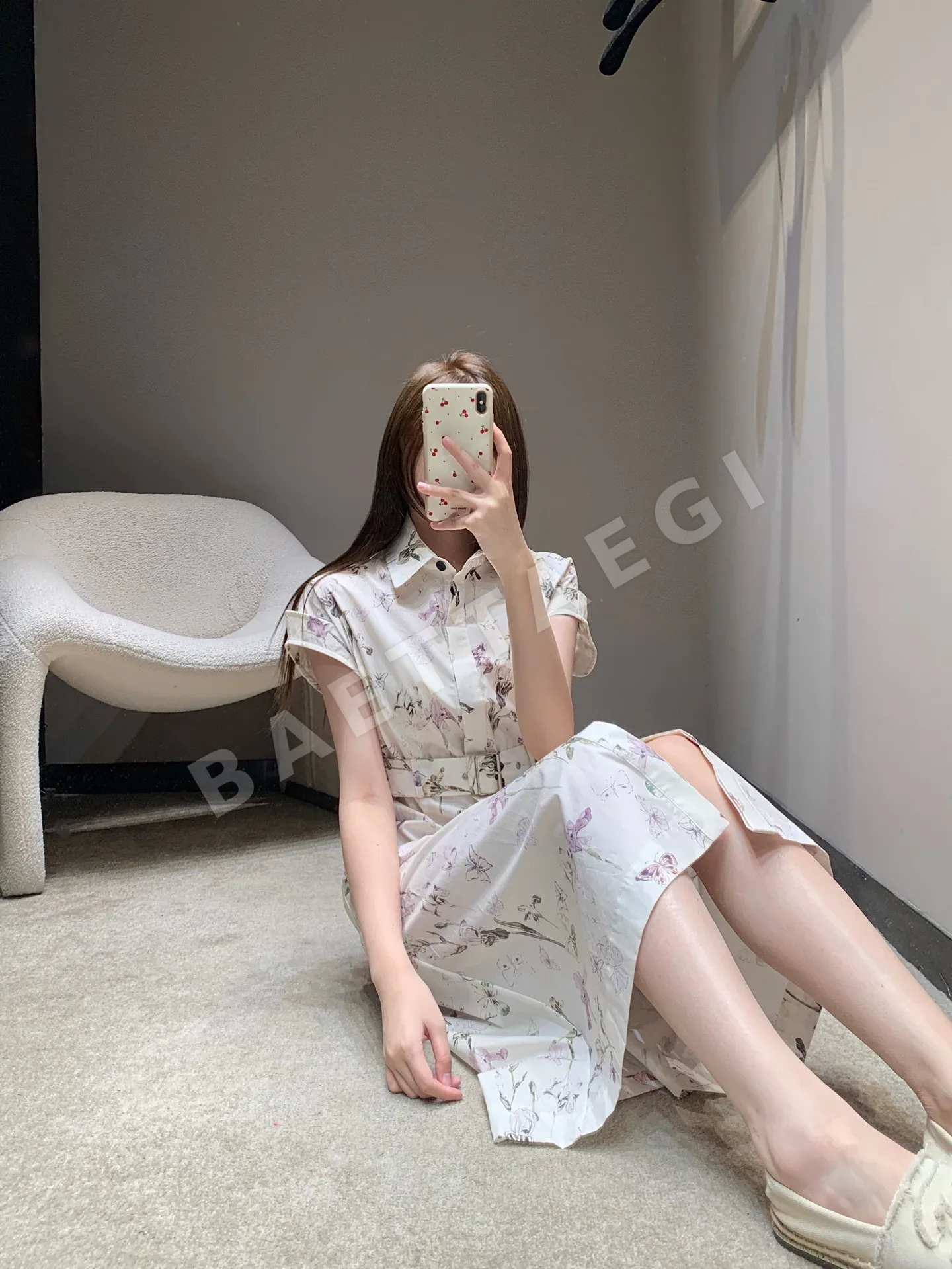디올 아이리스 나비 프린트 반소매 미디 셔츠 원피스 상세 이미지 9