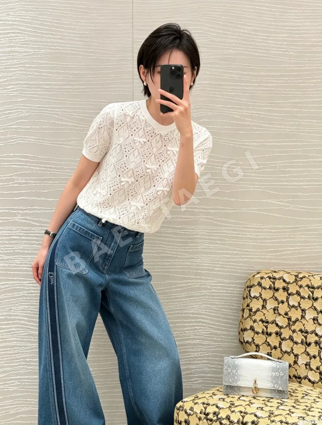 디올 리본 장식 시스루 반팔 니트 탑 상세 이미지 5