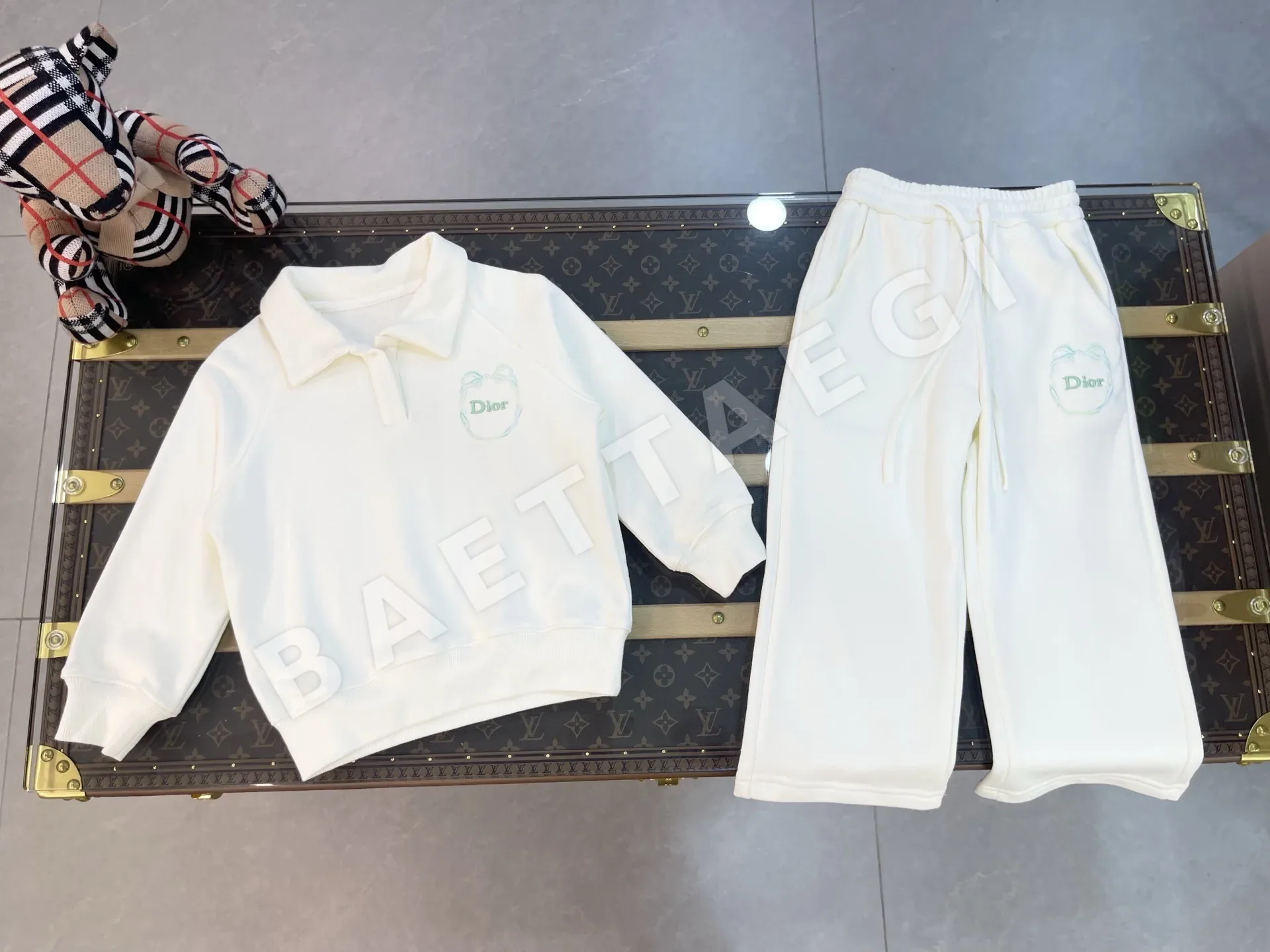 디올 키즈 프린트 자수 코튼 스웨트셔츠 세트 베이지 380G