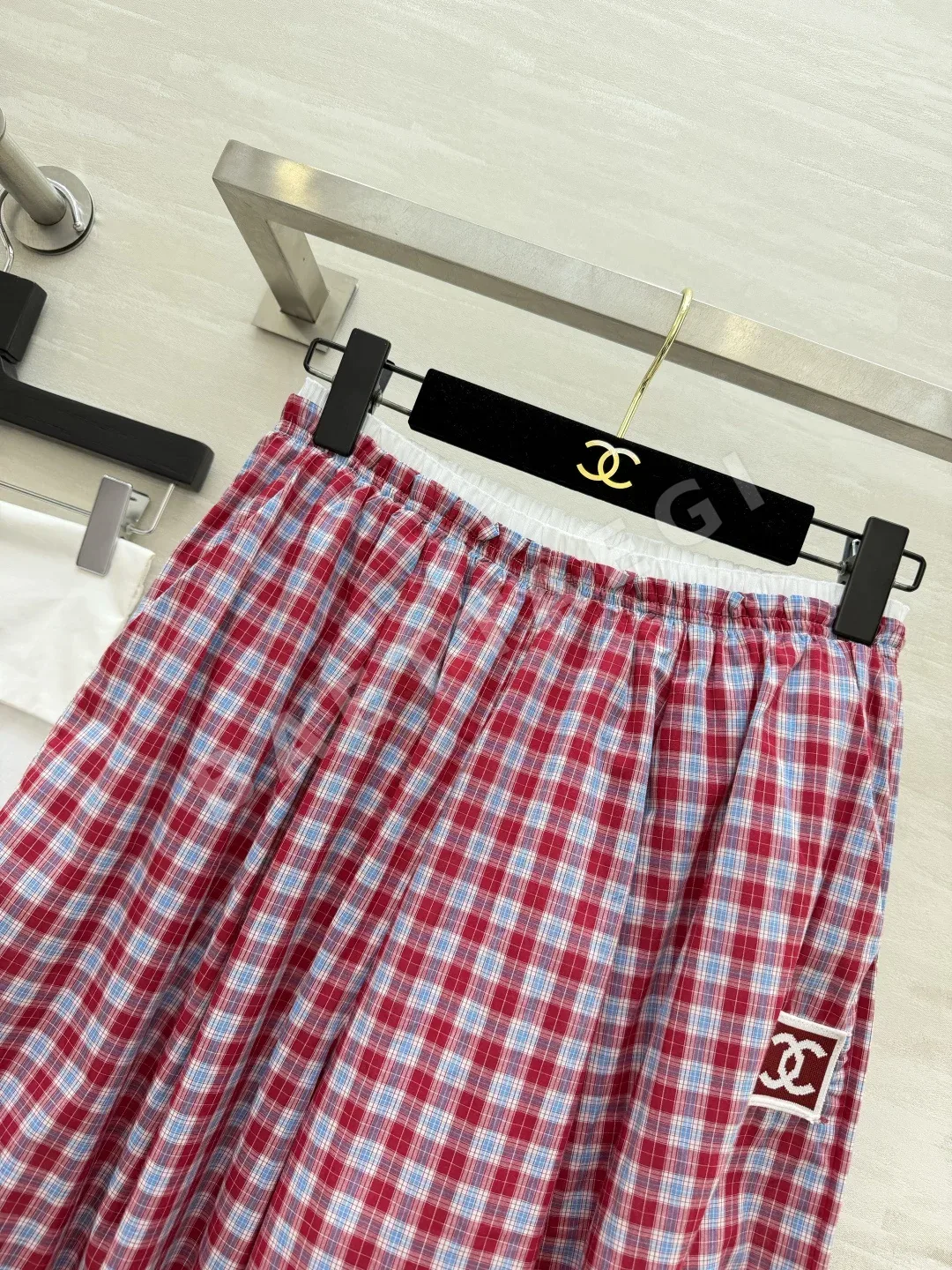 샤넬 레트로 체크 패턴 와이드 팬츠 여성 바지 상세 이미지 2