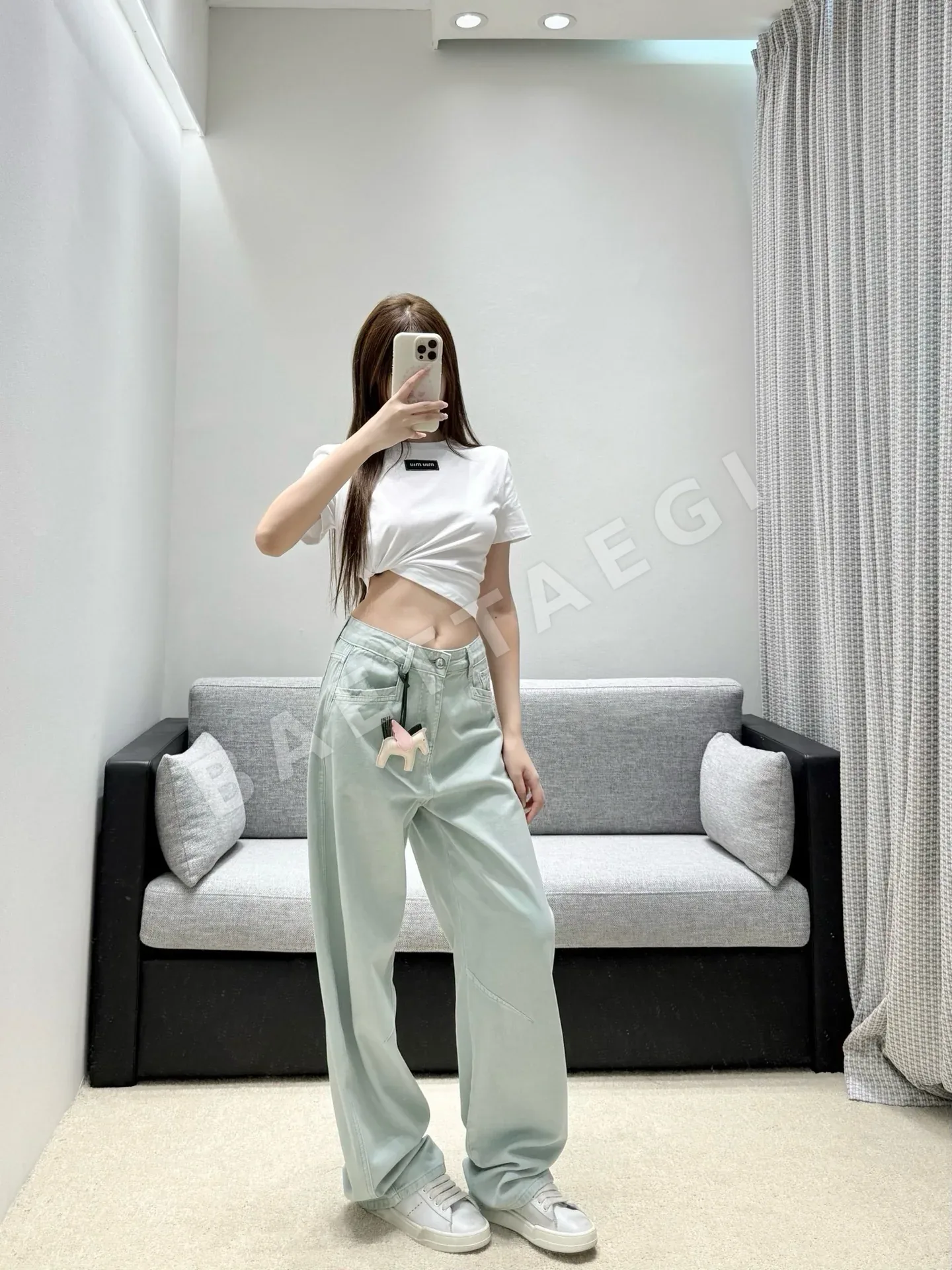 에르메스 민트 그린 하이웨이스트 와이드 레그 여성 바지 상세 이미지 8
