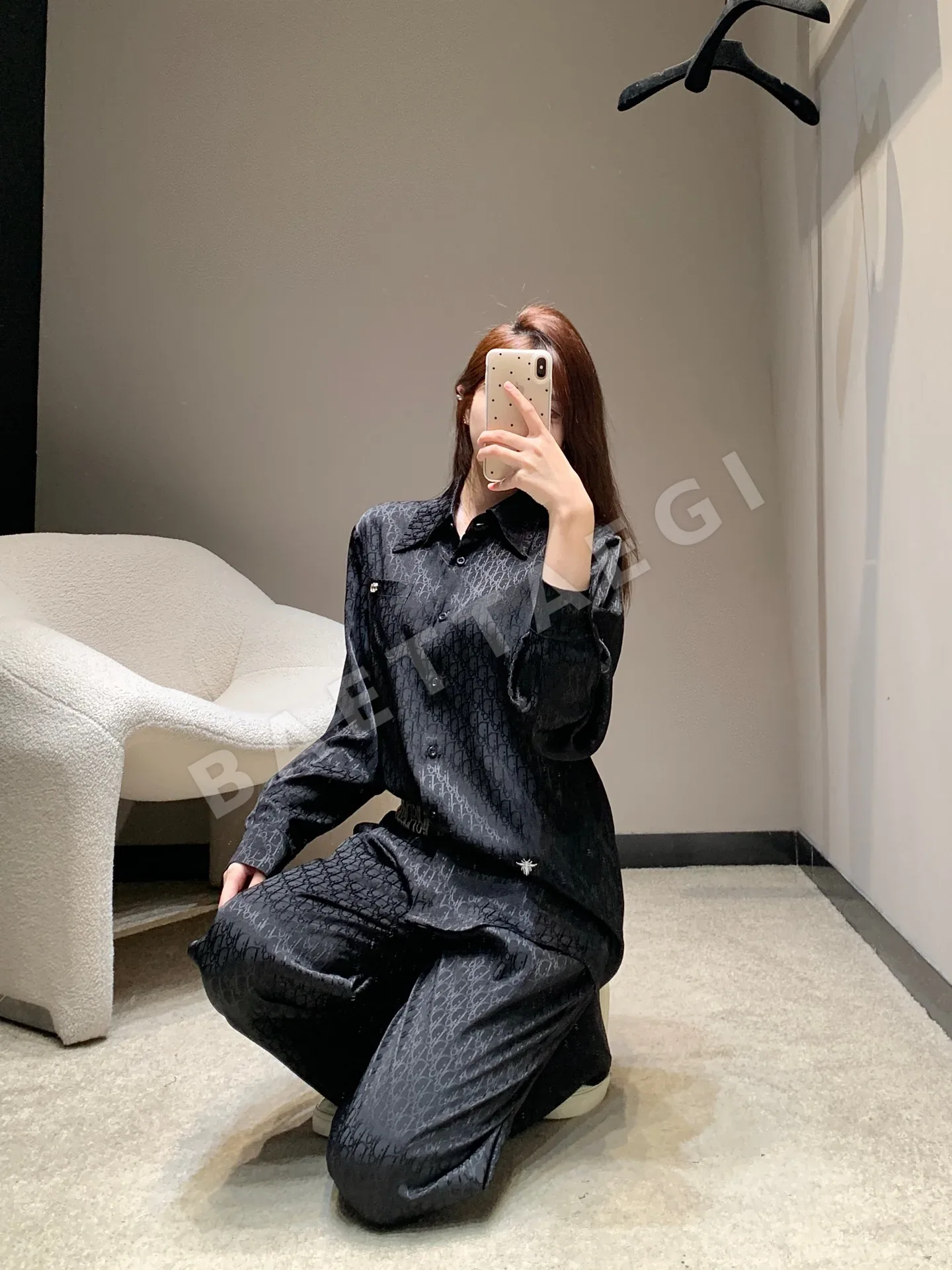 디올 레터 프린트 레이온 셔츠 바지 세트 상세 이미지 3
